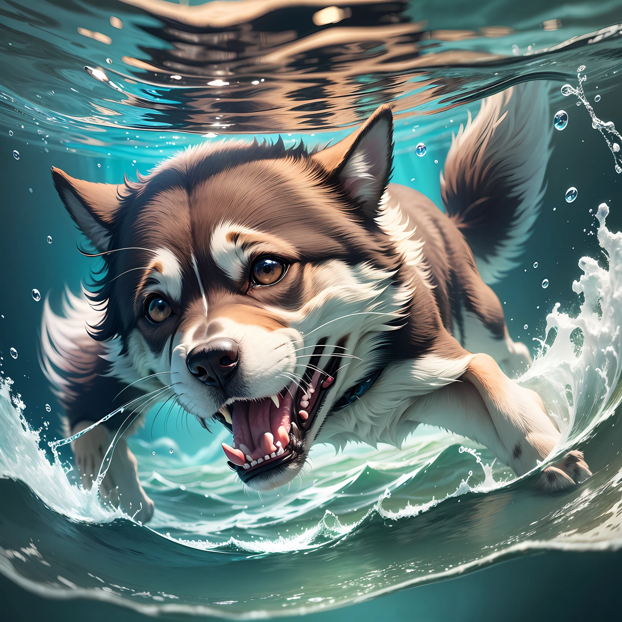 A dog diving, frontal angle, happy expression, crystal clear water, underwater, submerged, bottom of a river, moving water, centered image, just a dog, no mutilation --auto --s2