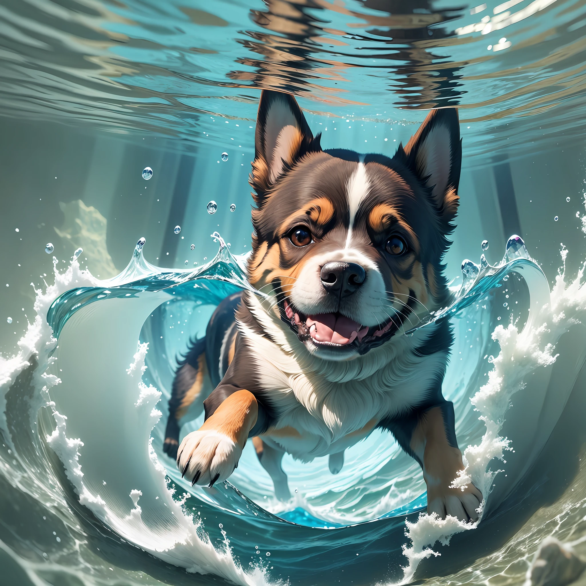 A dog diving, frontal angle, happy expression, crystal clear water, underwater, submerged, bottom of a river, moving water, centered image, just a dog, no mutilation --auto --s2