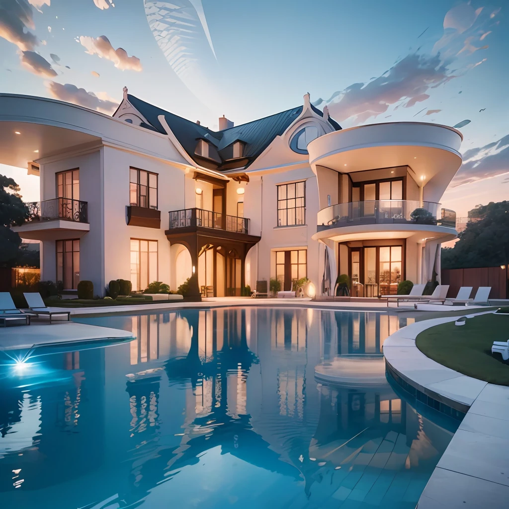 mansion house, luxury townhouse, curved architecture, modern, luxurious, pool, photo drone, 8k, HD, natural light, rising sun --auto --s2