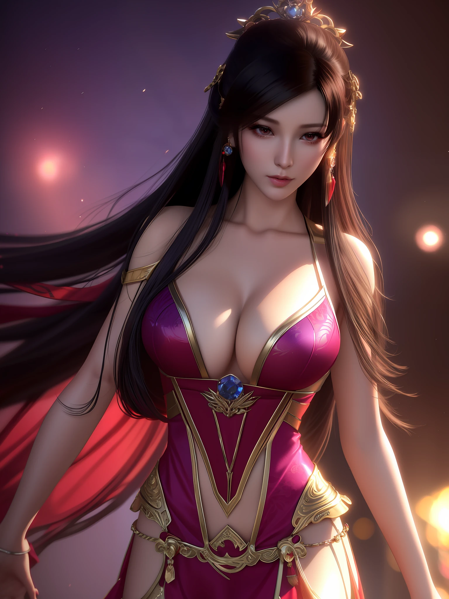 a close up of a woman in a red dress with long hair, beautiful alluring anime woman, a beautiful fantasy empress, inspired by Du Qiong, seductive tifa lockhart portrait, ((a beautiful fantasy empress)), seductive anime girl, beautiful anime woman, glamorous tifa lockheart, beautiful avatar pictures, mai shiranui, lady in pink armor, tifa, (lingerie:1.2), photo realistic, upon_body, tyndall effect, photorealistic, dark studio, rim lighting, two tone lighting, (high detailed skin:1.2), 8k uhd, dslr, soft lighting, high quality, volumetric lighting, candid, Photograph, high resolution, 4k, 8k, Bokeh, breast out, (nude:0.9), (purple eyes color), (transparent armor:1.0), big breast,