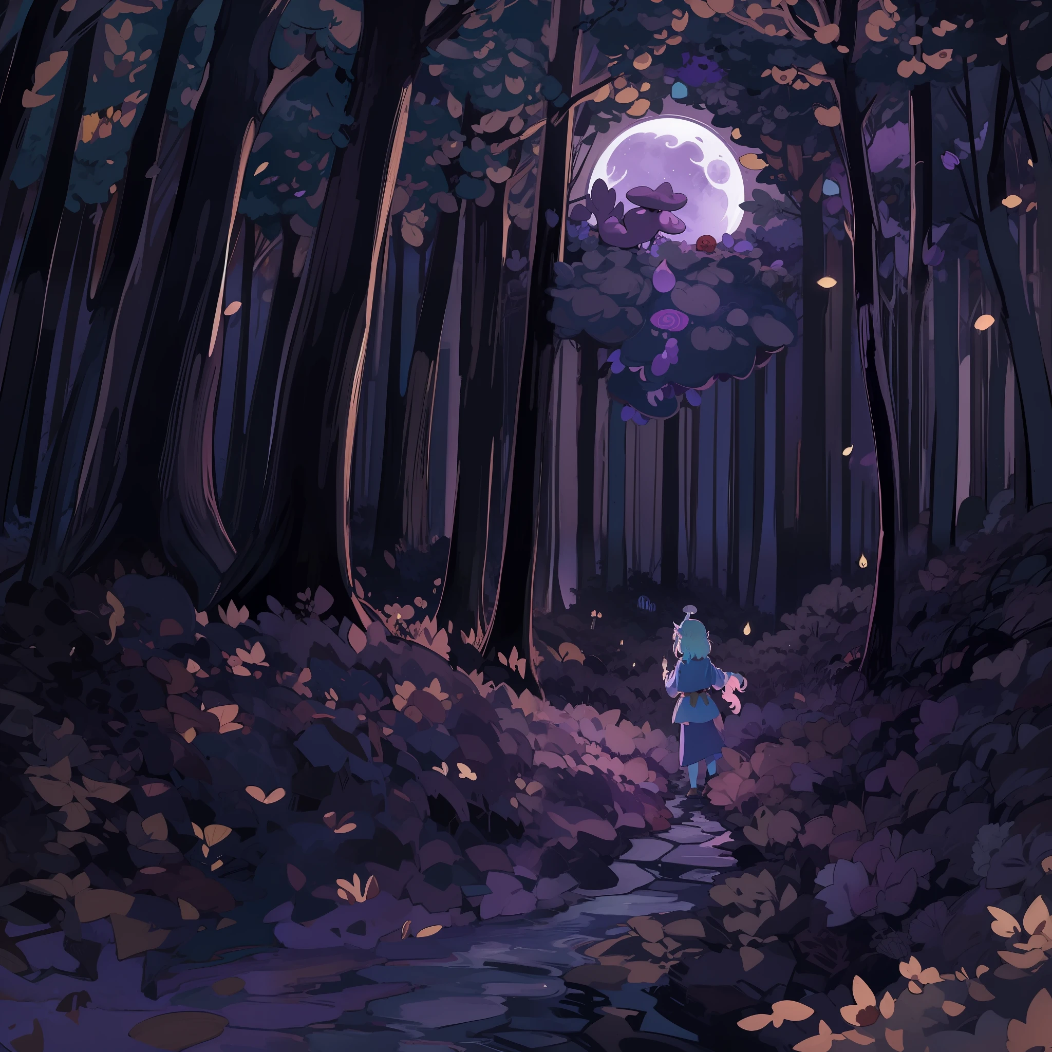 ((Ghibli))-style, A vast and magical forest at nighttime, purple vines crawling up the trees and a full moon shining through the mist. A powerful Zelda witch with a glistening magical sword, surrounded by a flock of fireflies as they fly towards a clearing where an enormous mushroom glows with a blue light.