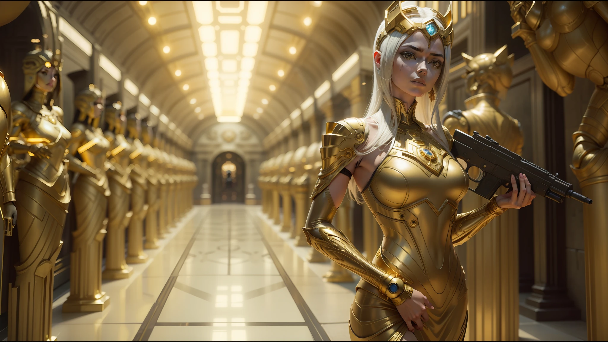 There's a woman in a gold dress holding a gun, still of Alita, white and gold, Weta Studio and James Jean, Golden Pillars, Metropolis, opening shot, Pandora, by Victor Wang, film studio --Air 16:9 --auto --s2