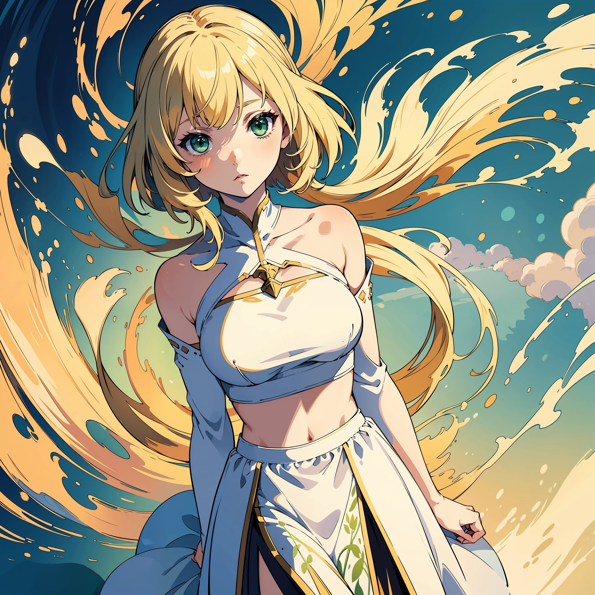 (masterpiece, sharp focus, illustration), 1girl, solo, standing, crop top, blonde hair, beige hair, green eyes, (impressionism:1.2), white dress, greek clothes, highres, ultra detailed, abstract background, multicolored background, splash art, official art, beautiful, perfect anatomy