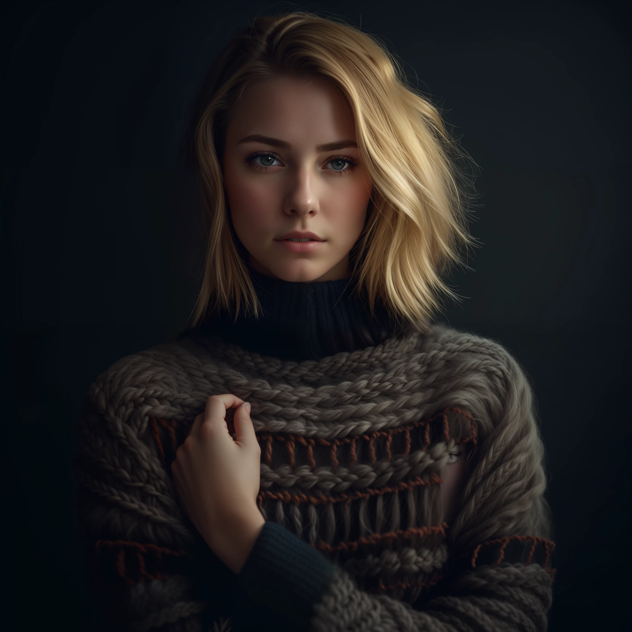 arafed woman in a sweater posing for a picture, soft portrait shot 8 k, cinematic portrait, medium portrait soft light, portrait soft low light, 4 k asymmetrical portrait, 60mm portrait, cinematic headshot portrait, 50mm portrait, beautiful portrait lighting, portrait of nordic girl, 7 0 mm portrait, portrait soft light, perfectly centered portrait