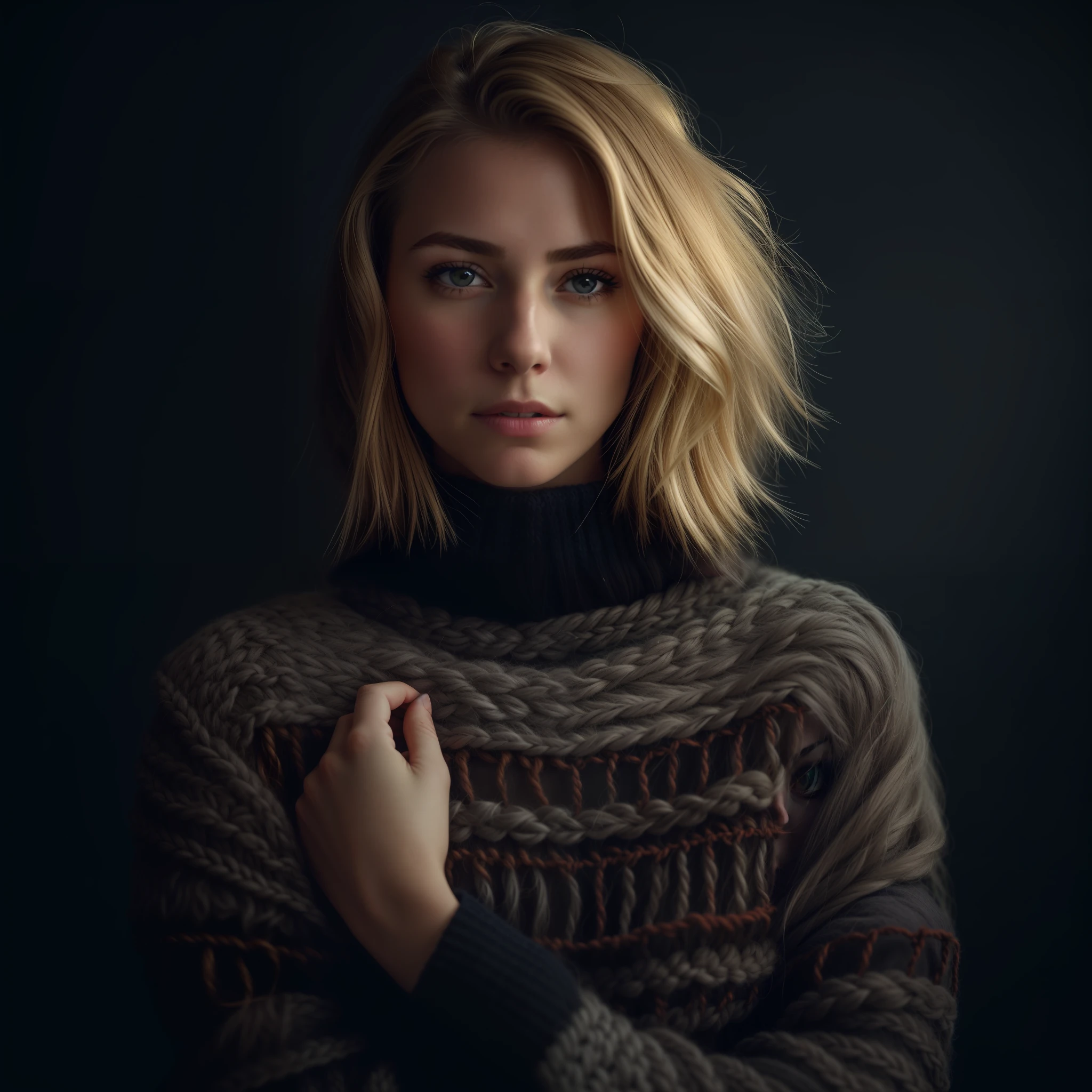arafed woman in a sweater posing for a picture, soft portrait shot 8 k, cinematic portrait, medium portrait soft light, portrait soft low light, 4 k asymmetrical portrait, 60mm portrait, cinematic headshot portrait, 50mm portrait, beautiful portrait lighting, portrait of nordic girl, 7 0 mm portrait, portrait soft light, perfectly centered portrait