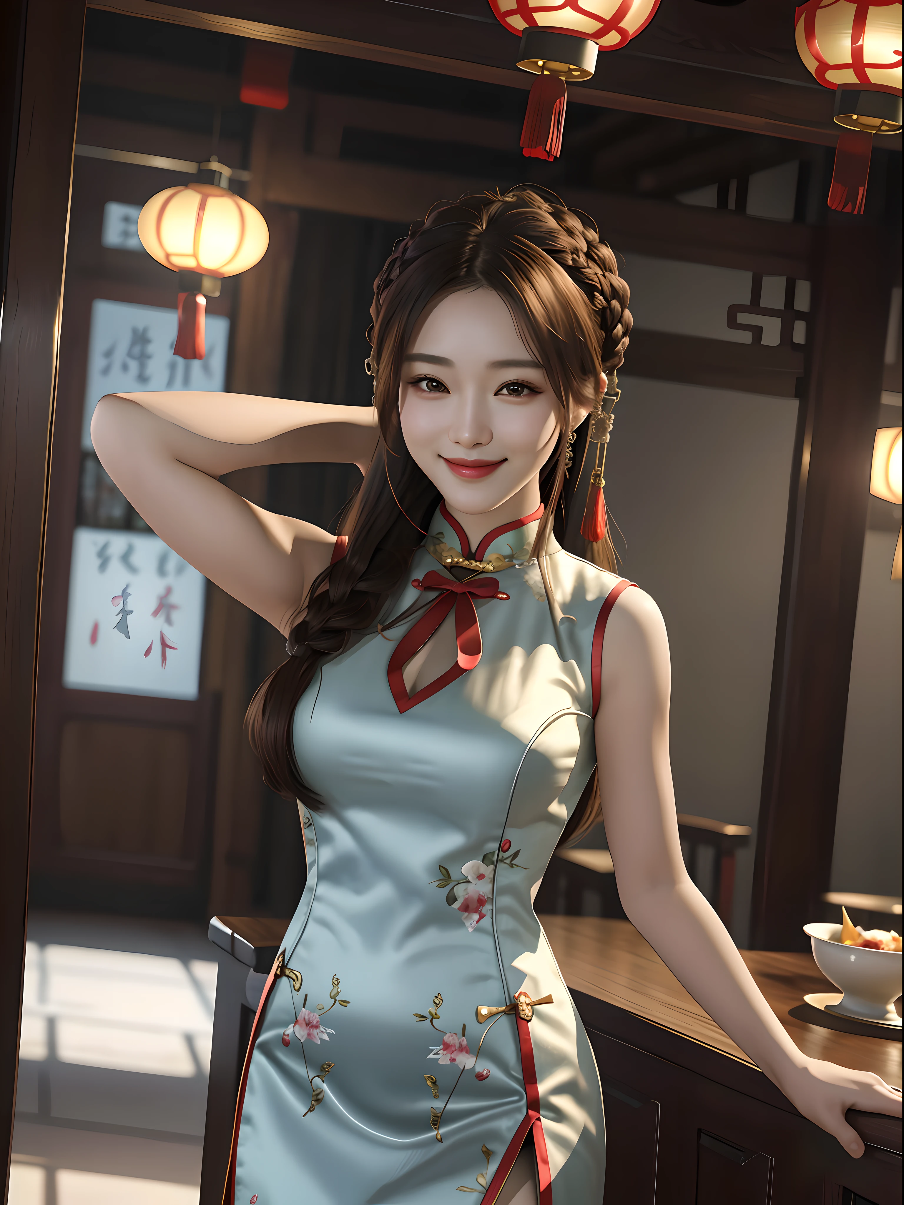 ultra realistic 8k cg, flawless, masterpiece, best quality, highres, solo, marierose, 1lady, long hair, breasts, Cheongsam, side slit, looking at viewer, chinese restaurant, smile