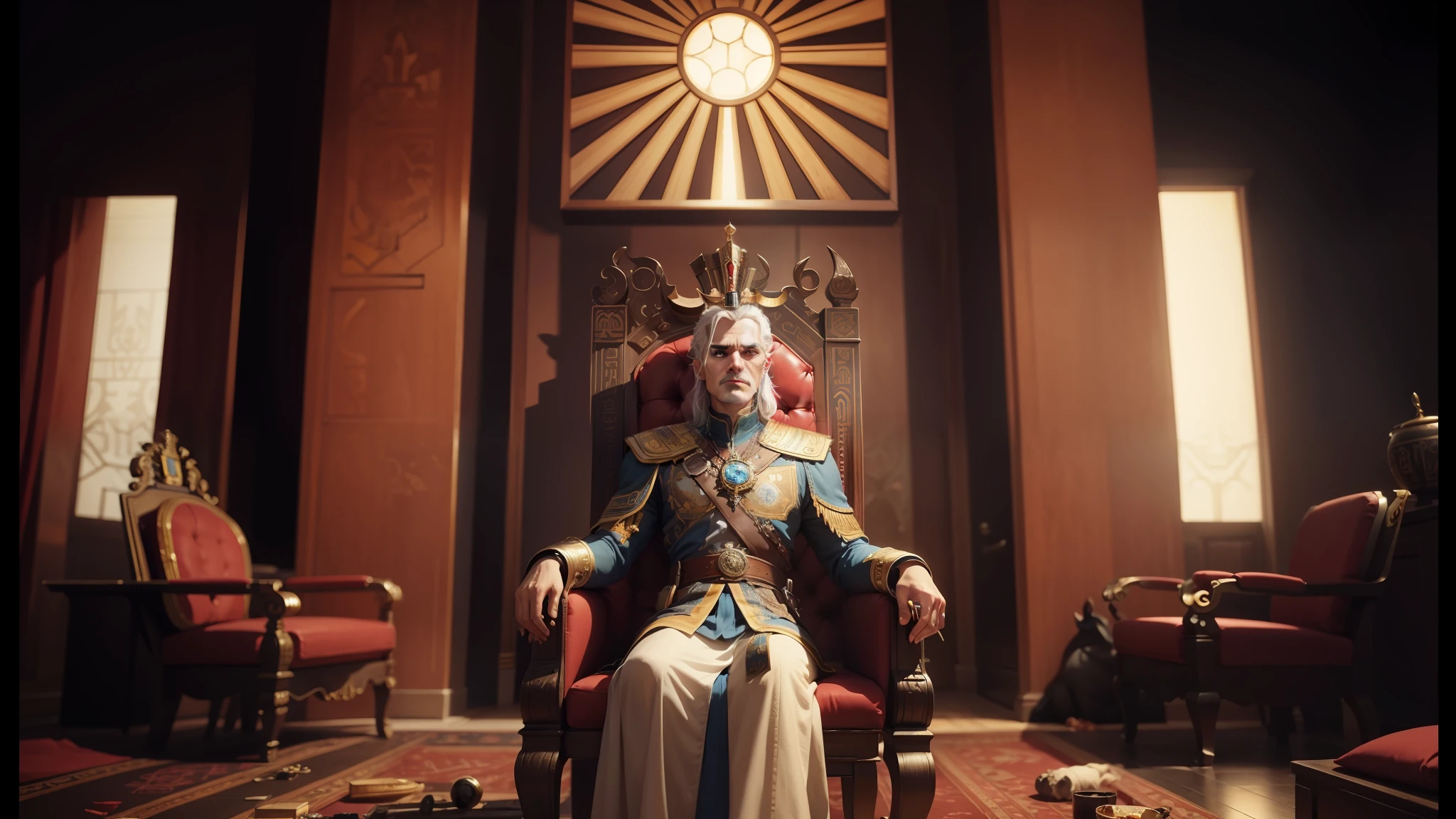 a man sitting on a chair in a room, unreal engine. Retro movie still, The Emperor's Secret Society, Illustrated in the comic book Cow, Wearing an Egyptian Crown, from The Witcher (2021), Movie Still, Gameplay Shot, Dictatorship, The'Other Mother'of'Coraline', Portrait of Jordan peterson, the third... had a man's face --auto --s2