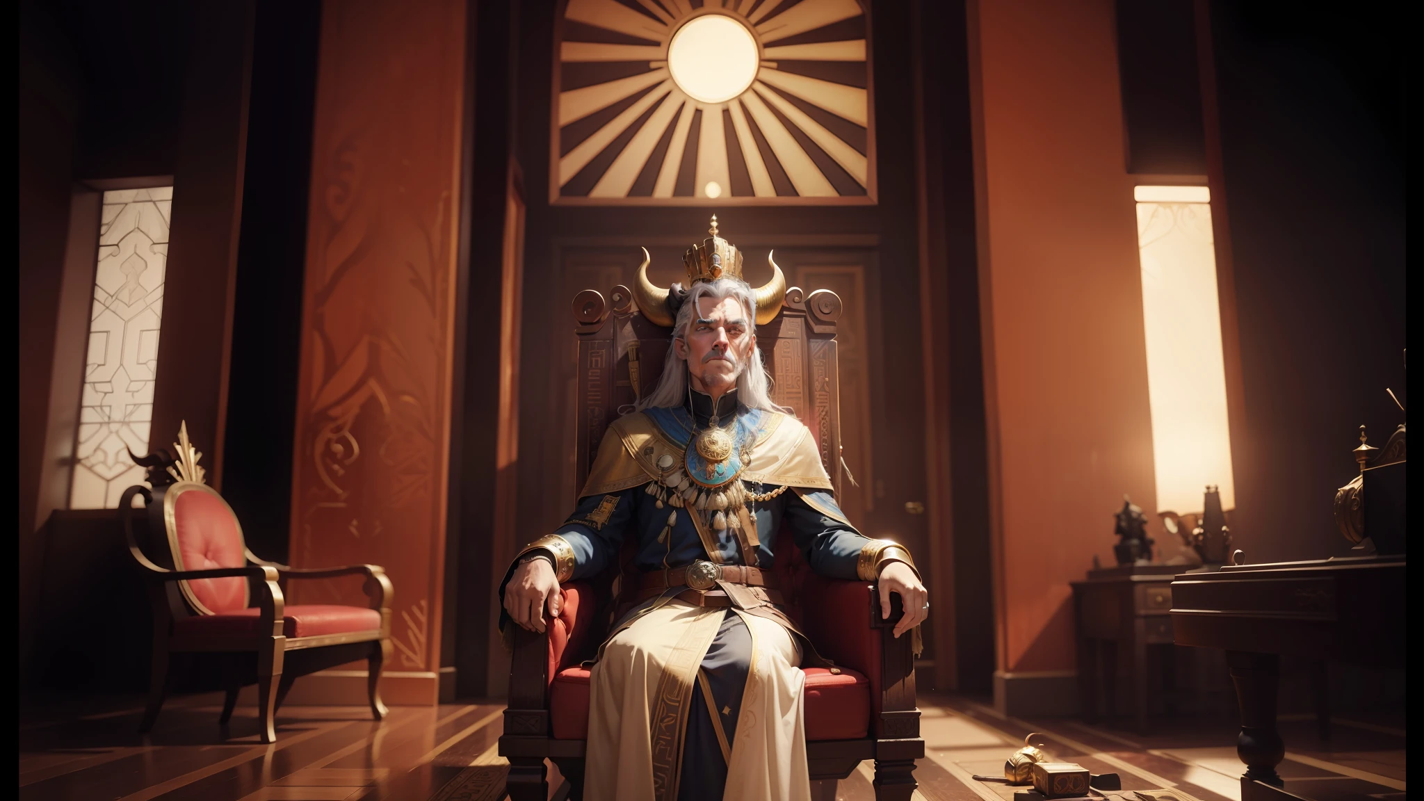 a man sitting on a chair in a room, unreal engine. Retro movie still, The Emperor's Secret Society, Illustrated in the comic book Cow, Wearing an Egyptian Crown, from The Witcher (2021), Movie Still, Gameplay Shot, Dictatorship, The'Other Mother'of'Coraline', Portrait of Jordan peterson, the third... had a man's face --auto --s2