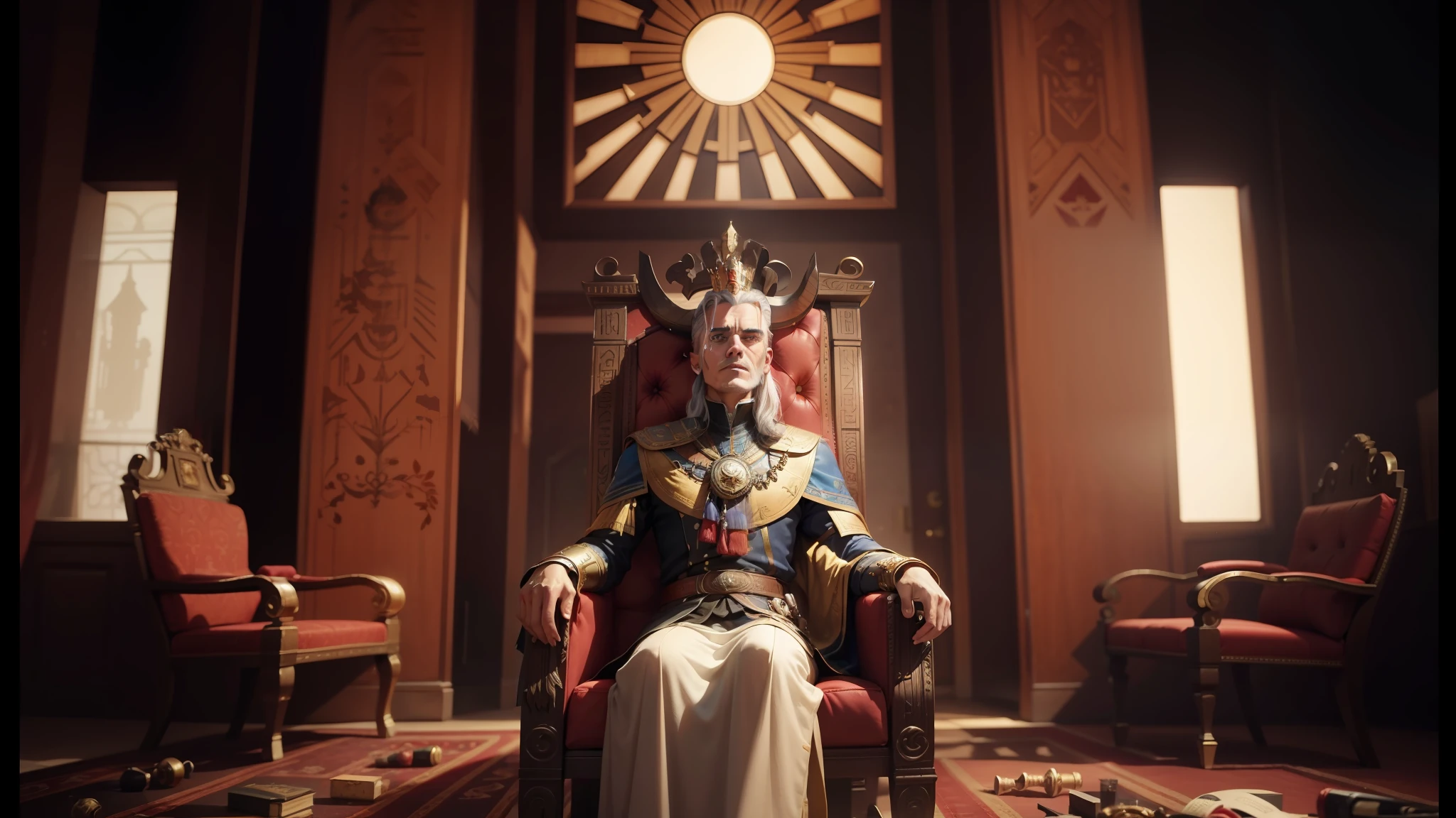a man sitting on a chair in a room, unreal engine. Retro movie still, The Emperor's Secret Society, Illustrated in the comic book Cow, Wearing an Egyptian Crown, from The Witcher (2021), Movie Still, Gameplay Shot, Dictatorship, The'Other Mother'of'Coraline', Portrait of Jordan peterson, the third... had a man's face --auto --s2