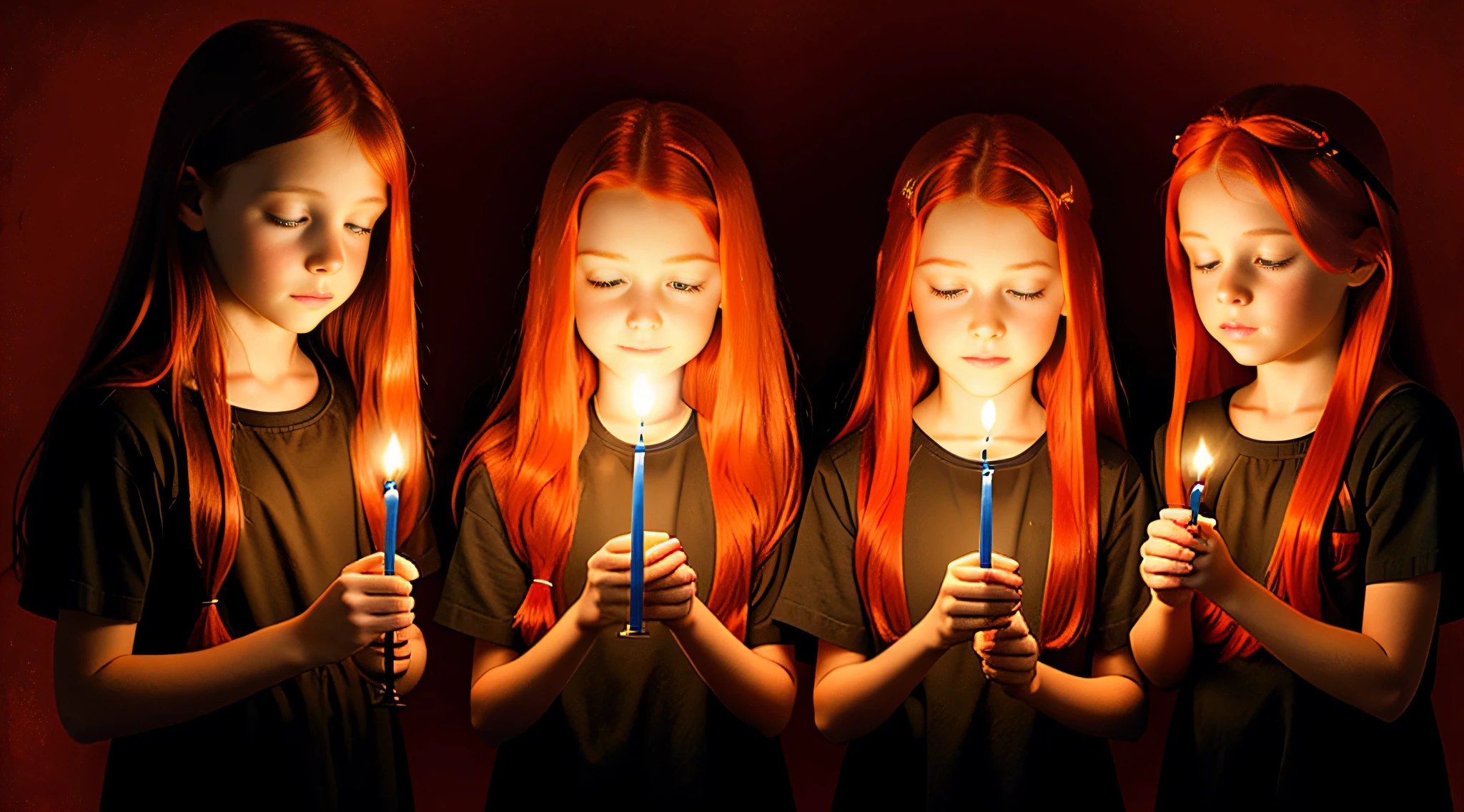 GIRL CHILDREN REDHEADS WITH STRAIGHT HAIR ON THE HEAD TIES RED COLOR, RED BACKGROUND, CANDLES WITH FIRE, HOLDING IN HER HANDS A MAGNIFYING GLASS.