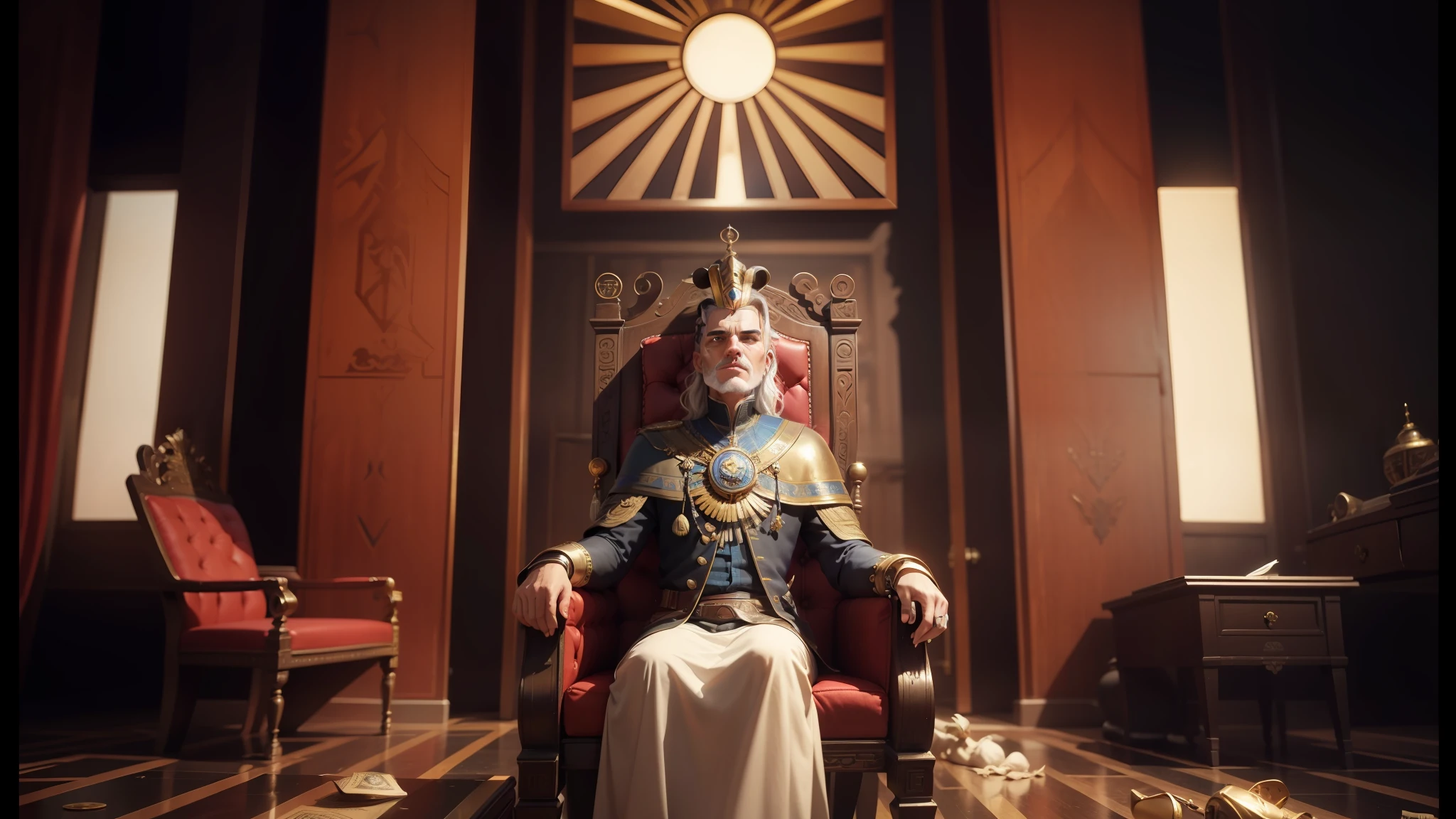 a man sitting on a chair in a room, unreal engine. Retro movie still, The Emperor's Secret Society, Illustrated in the comic book Cow, Wearing an Egyptian Crown, from The Witcher (2021), Movie Still, Gameplay Shot, Dictatorship, The'Other Mother'of'Coraline', Portrait of Jordan peterson, the third... had a man's face --auto --s2