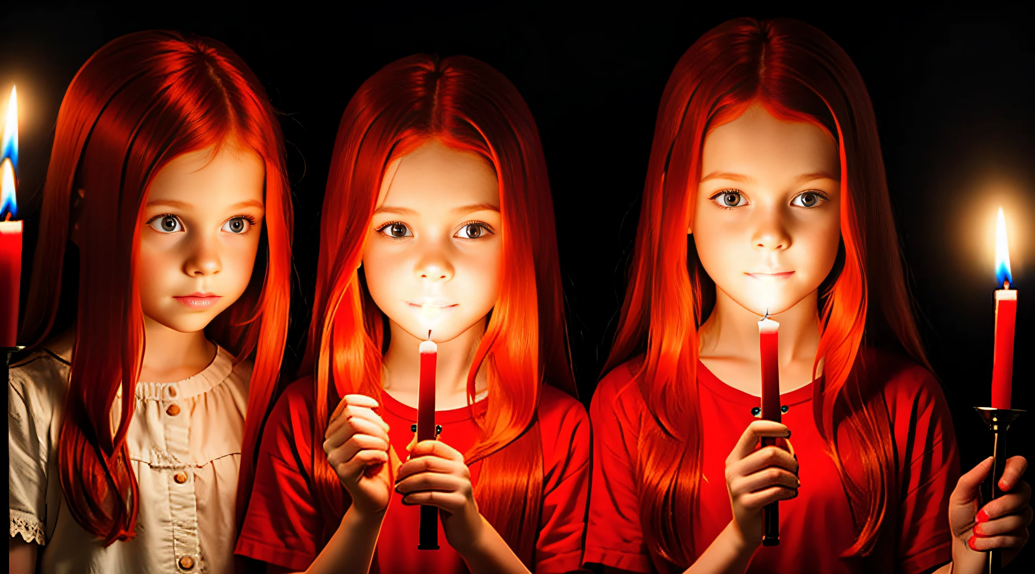 GIRL CHILDREN REDHEADS WITH STRAIGHT HAIR ON THE HEAD TIES RED COLOR, RED BACKGROUND, CANDLES WITH FIRE, HOLDING IN HER HANDS A MAGNIFYING GLASS.