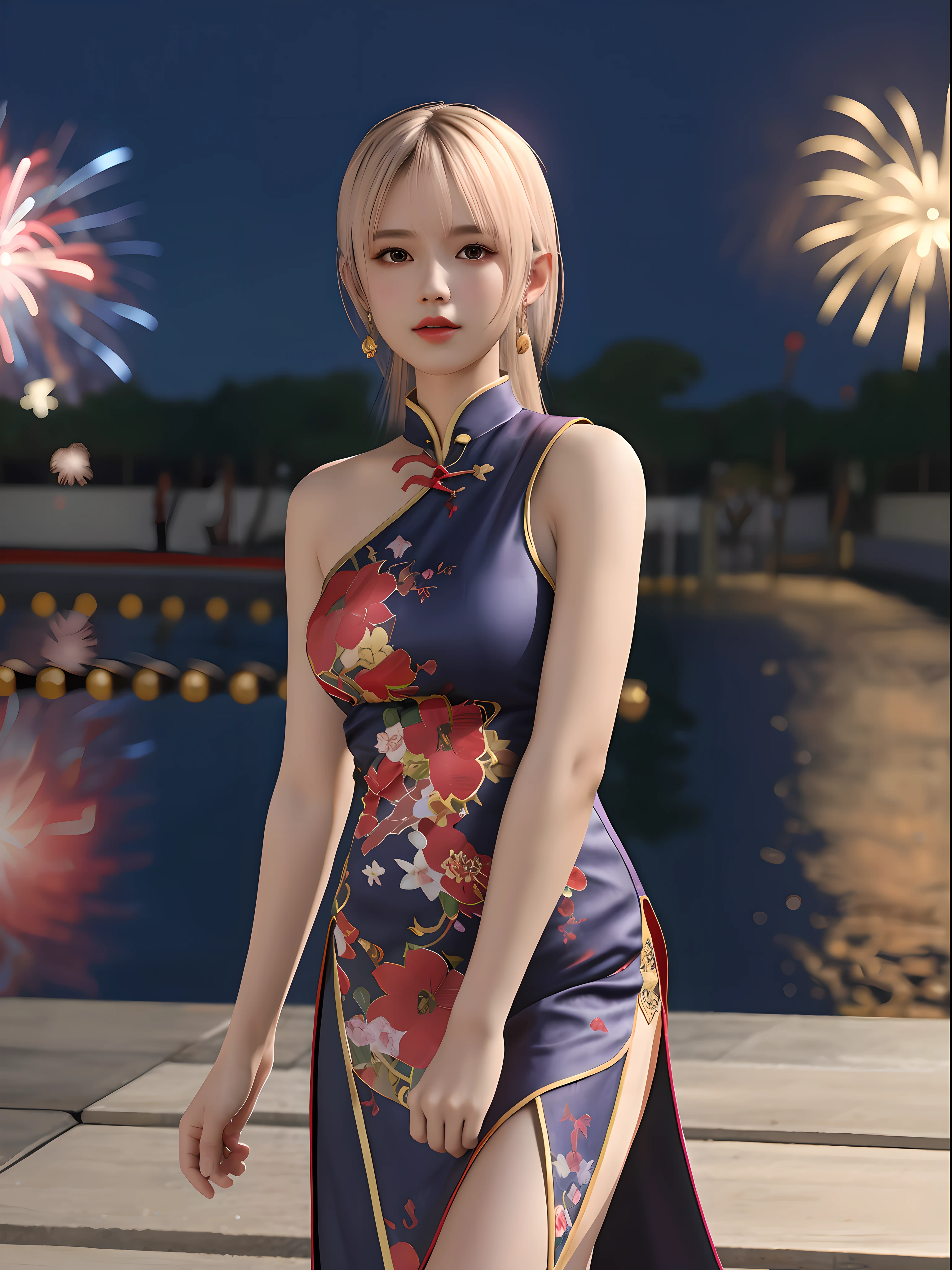 ultra realistic 8k cg, flawless, masterpiece, best quality, highres, solo, 1girl, luna, long hair, breasts, bare shoulder, Cheongsam, side slit, looking at viewer, night, fireworks