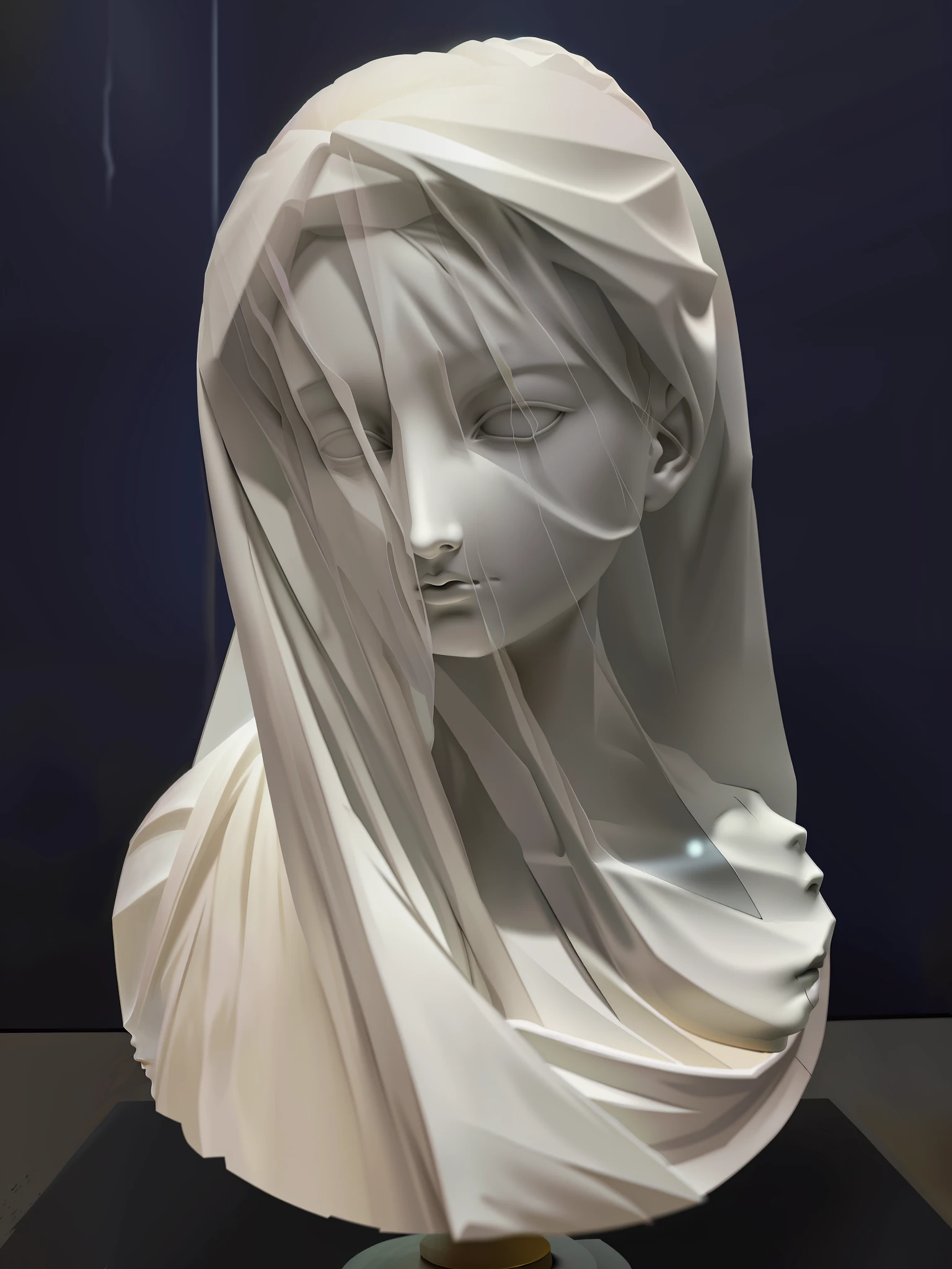 sculpture of a marble girl with a veil over her face ultra realistic with a black background