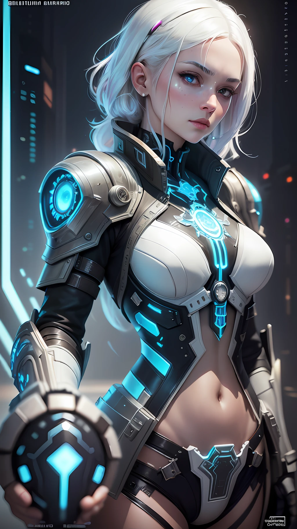 A stunning photorealistic photograph of a beautiful cyberpunk girl, albino, white hair, white eyebrows, full body, intricate combat armor, black leather jacket, cover, hyperdetailed painting, luminism, Bar lighting, complex, 4k resolution concept art portrait by Greg Rutkowski, Artgerm, WLOP, Alphonse Mucha, little fusion, realistic fantasy, fractal isometrics details bioluminescence, beautiful awesome, 3d render, octane render, intricately detailed, cinematic, trending on artstation | Isometric | Centered hypereallistic cover photo awesome full color, hand drawn, dark, gritty, realistic mucha, klimt, 12