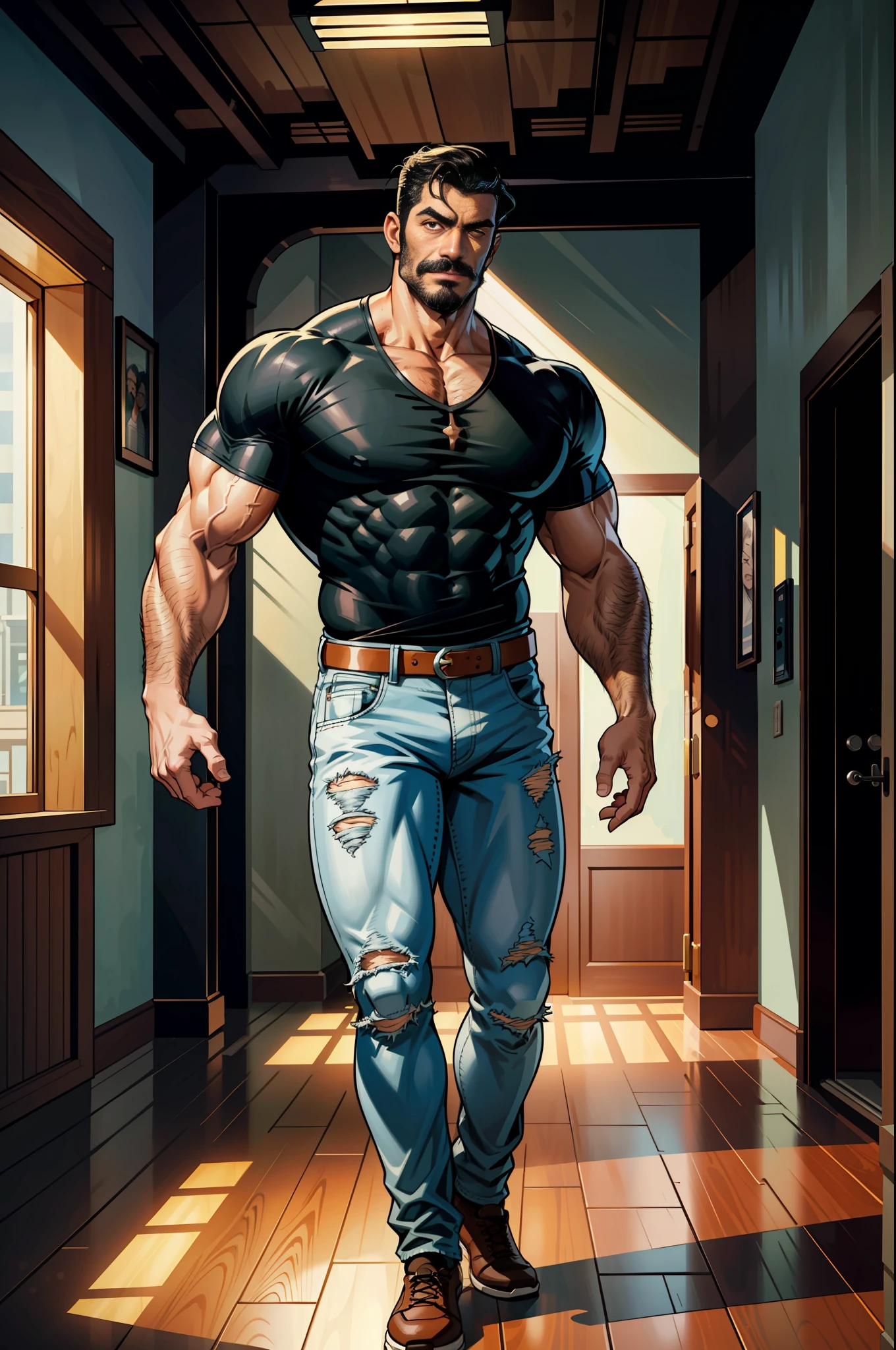 (original-art:1.2),(lineart:1.33), 1male, black hair, 1950s greaser, mature masculine muscular, handsome chisled facial features, muscular hairy body, 70s mustache, ripped white shirt, huge crotch bulge, sexy, hot, jock,  (hyperdefined),(inked-art), hero-angle, masculine stance, erotica, full body shot, cartoon, indoor, dramatic lighting, sidelighting,complex lighting,(full vibrant colors),hatched-texture,(fine-details:1.2),absurdres,flat-colors,ultradetailed, city street,