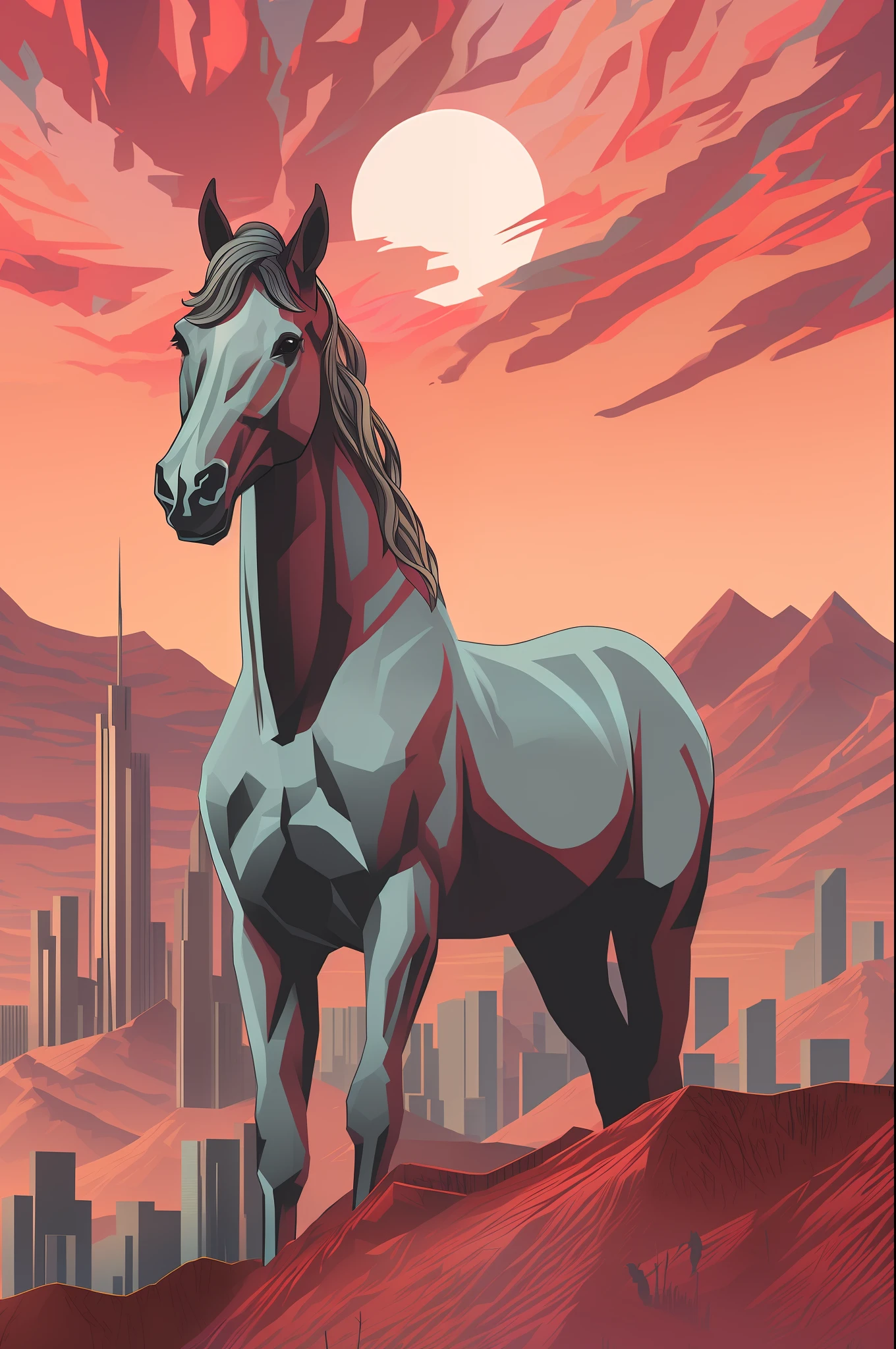there is a horse standing on a hill in the desert, digital horse, horse on top, highly detailed vector art, bojack horseman, detailed 2d illustration, detailed digital illustration, portrait of bojack horseman, anthropomorphic horse, by Jason Benjamin, horse, in style of digital illustration, jen bartel, stylized digital illustration
