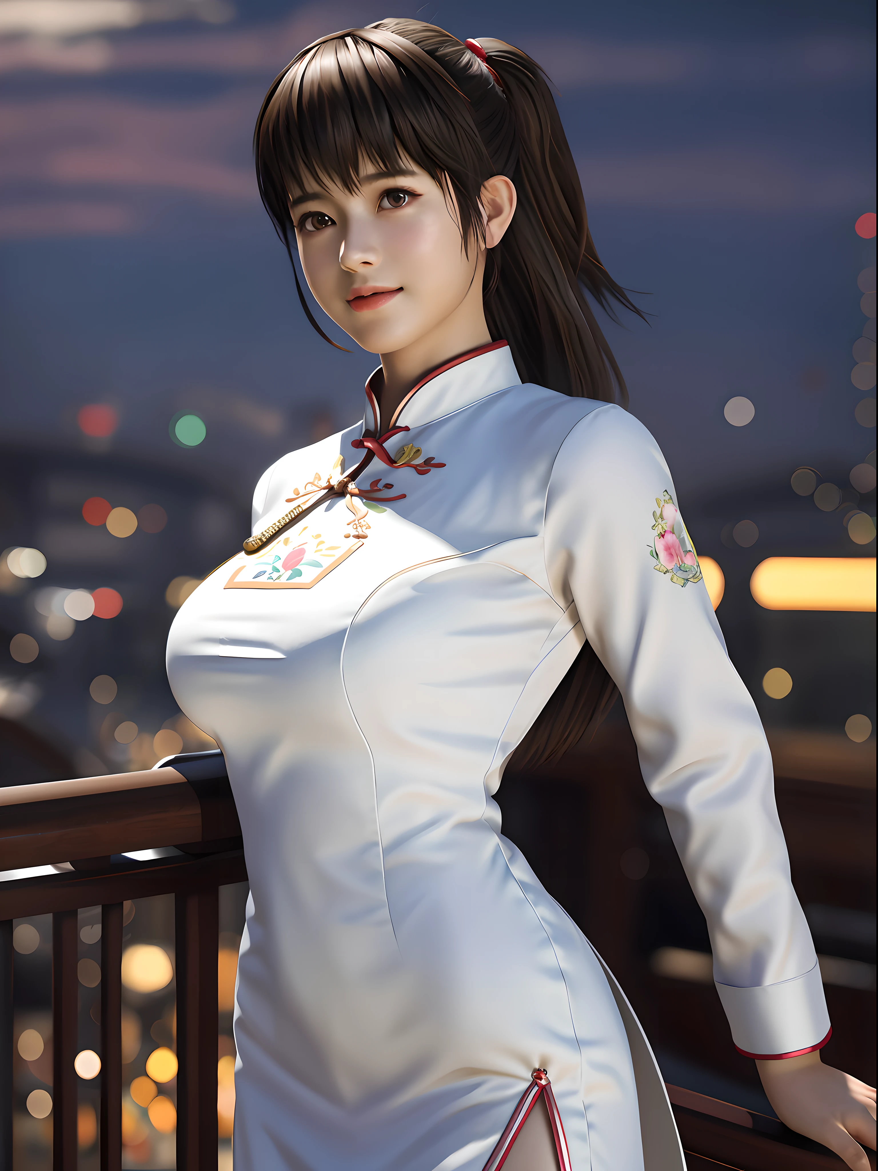 ultra realistic 8k cg, flawless, masterpiece, best quality, highres, solo, 1girl, hitomi, long hair, breasts, white Cheongsam, side slit, looking at viewer, night city