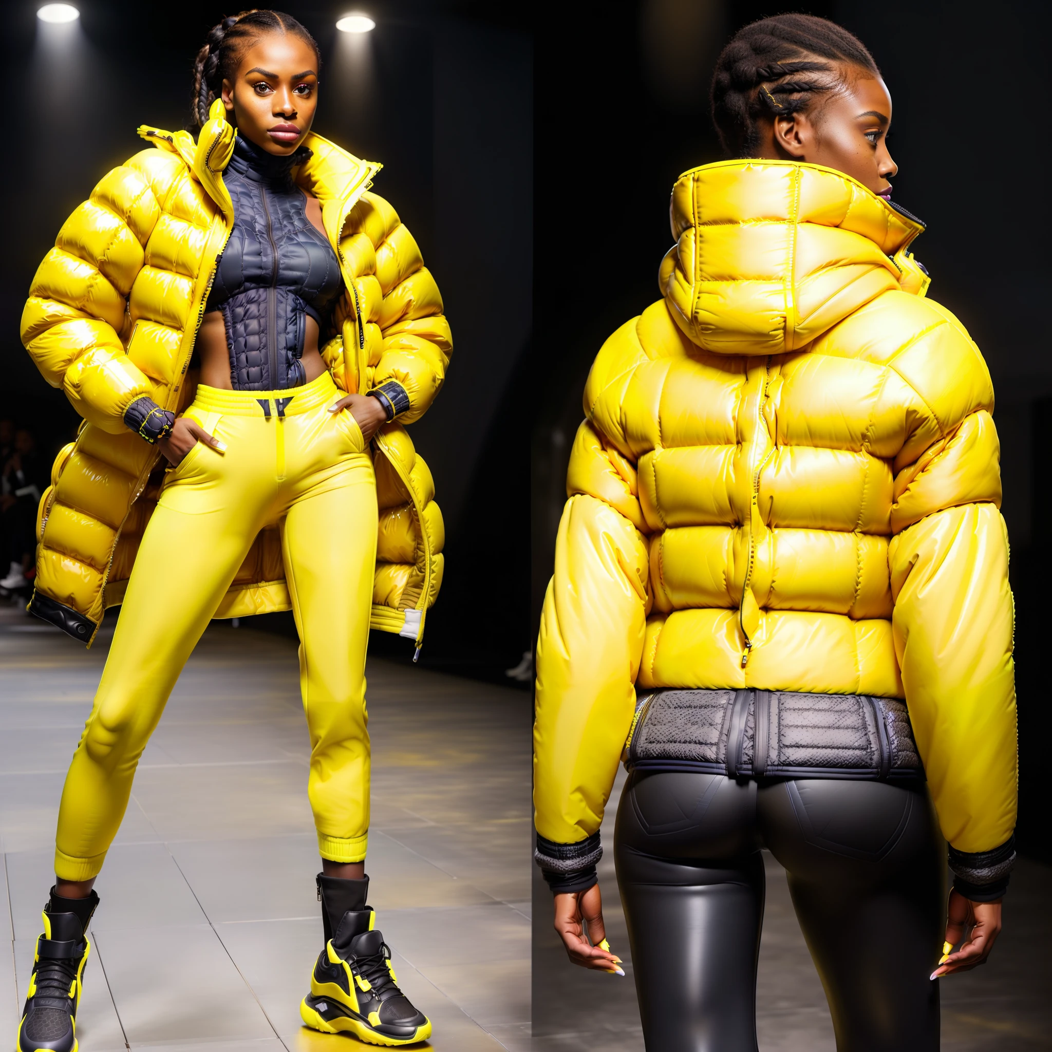 ((( an ultra realistic model))) ((posing, full body, back,looking back, end of catwalk))),((legs slightly apart)) (solo on the catwalk), with perfect Kenyan African facial features, ultra realistic skin, skin pores, afro hair, braided, ultra detailed in hd, with confident expression, wearing (((Balenciaga er style jacket oversized:1.5, ultra definition))) purple pants, turtleneck shirt, modern sneakers, (((yellow jacket:1.5, vivid color, neon,))), posing at the end of the runway, with his back looking at the camera,(bring high fashion show environment, perfect audience,ultra realistic), best quality, superior quality, image masterpiece, high resolution image