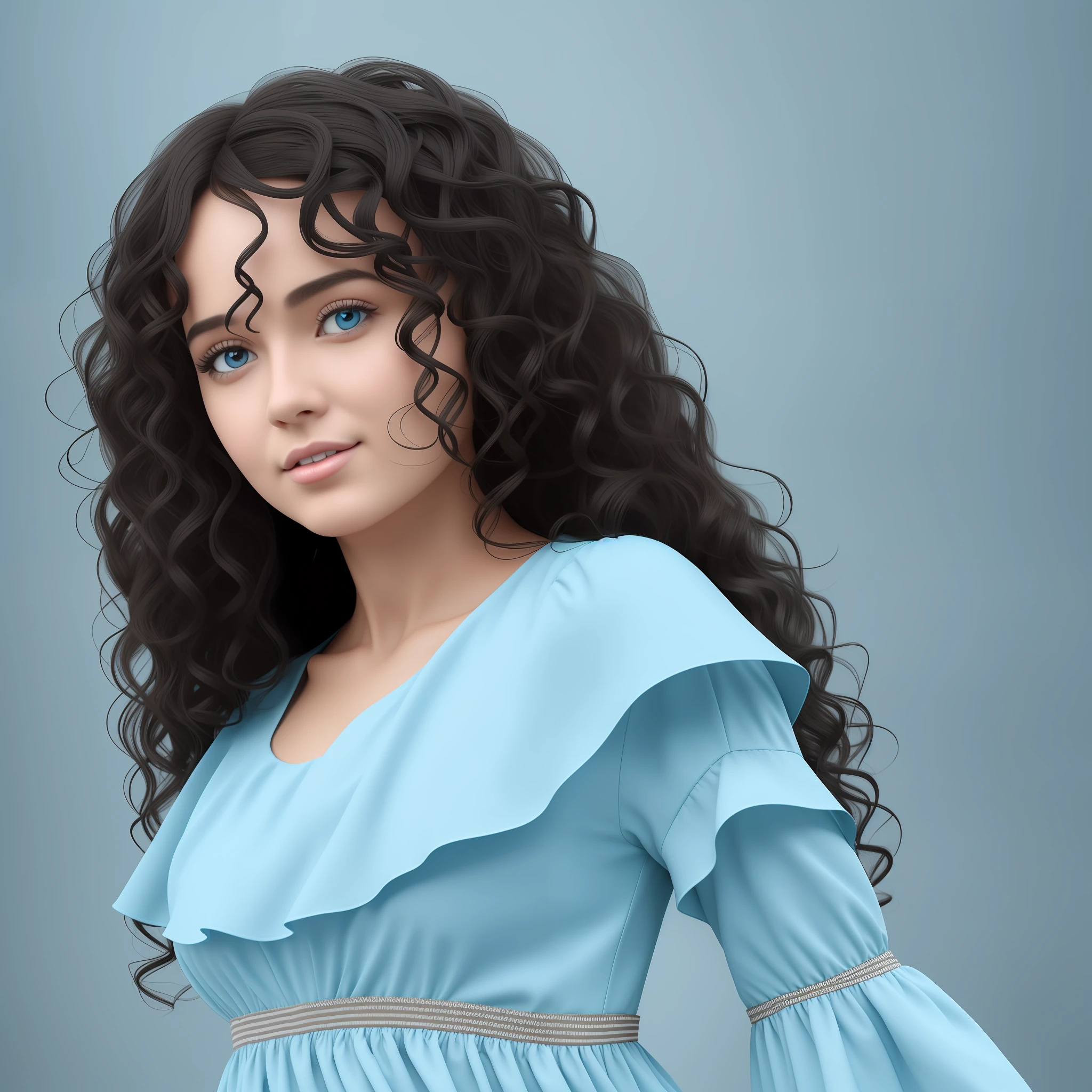 create an image of a woman, with curly black hair, with fair skin, wearing a long sleeved baby blue dress, 8k, realistic, datalist