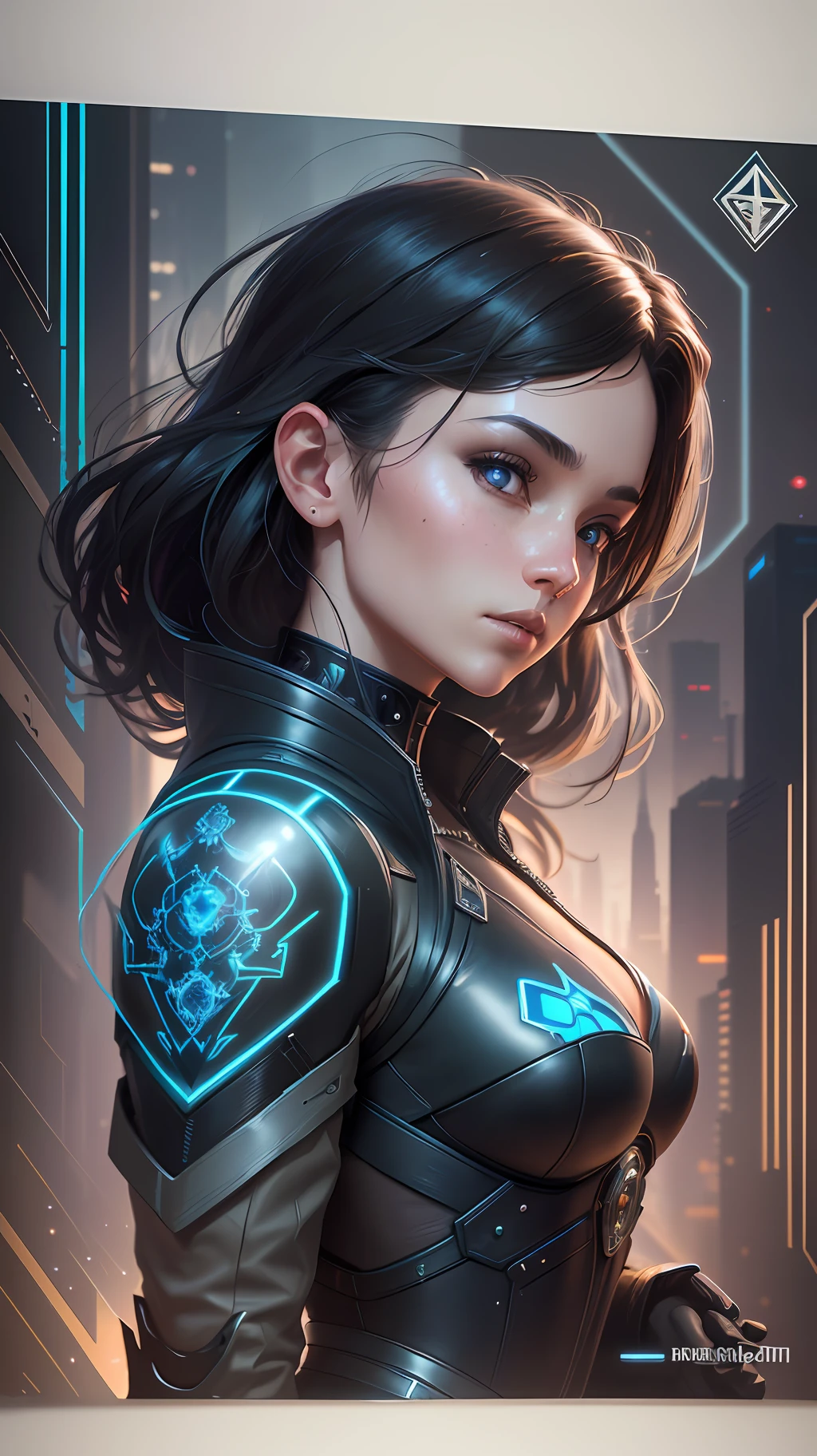 A stunning photorealistic photograph of a beautiful cyberpunk girl, full body, intricate black combat armor, black leather jacket, cover, hyperdetailed painting, luminism, Bar lighting, complex, 4k resolution concept art portrait by Greg Rutkowski, Artgerm, WLOP, Alphonse Mucha, little fusion, realistic fantasy, fractal isometrics details bioluminescence, beautiful awesome, 3d render, octane render, intricately detailed, cinematic, trending on artstation | Isometric | Centered hypereallistic cover photo awesome full color, hand drawn, dark, gritty, realistic mucha, klimt, 12