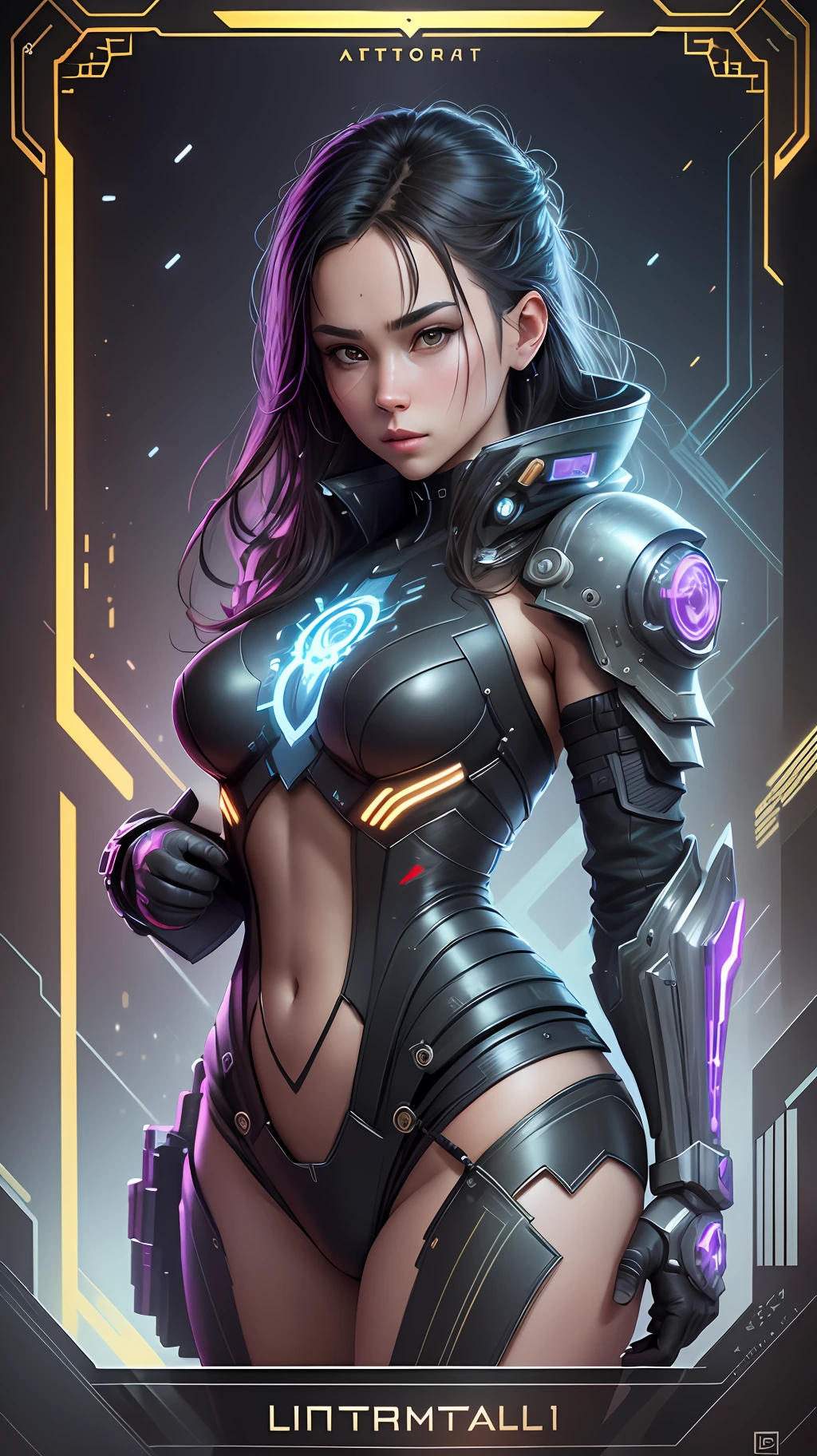 A stunning photorealistic photograph of a beautiful cyberpunk girl, full body, intricate black combat armor, black leather jacket, cover, hyperdetailed painting, luminism, Bar lighting, complex, 4k resolution concept art portrait by Greg Rutkowski, Artgerm, WLOP, Alphonse Mucha, little fusion, realistic fantasy, fractal isometrics details bioluminescence, beautiful awesome, 3d render, octane render, intricately detailed, cinematic, trending on artstation | Isometric | Centered hypereallistic cover photo awesome full color, hand drawn, dark, gritty, realistic mucha, klimt, 12