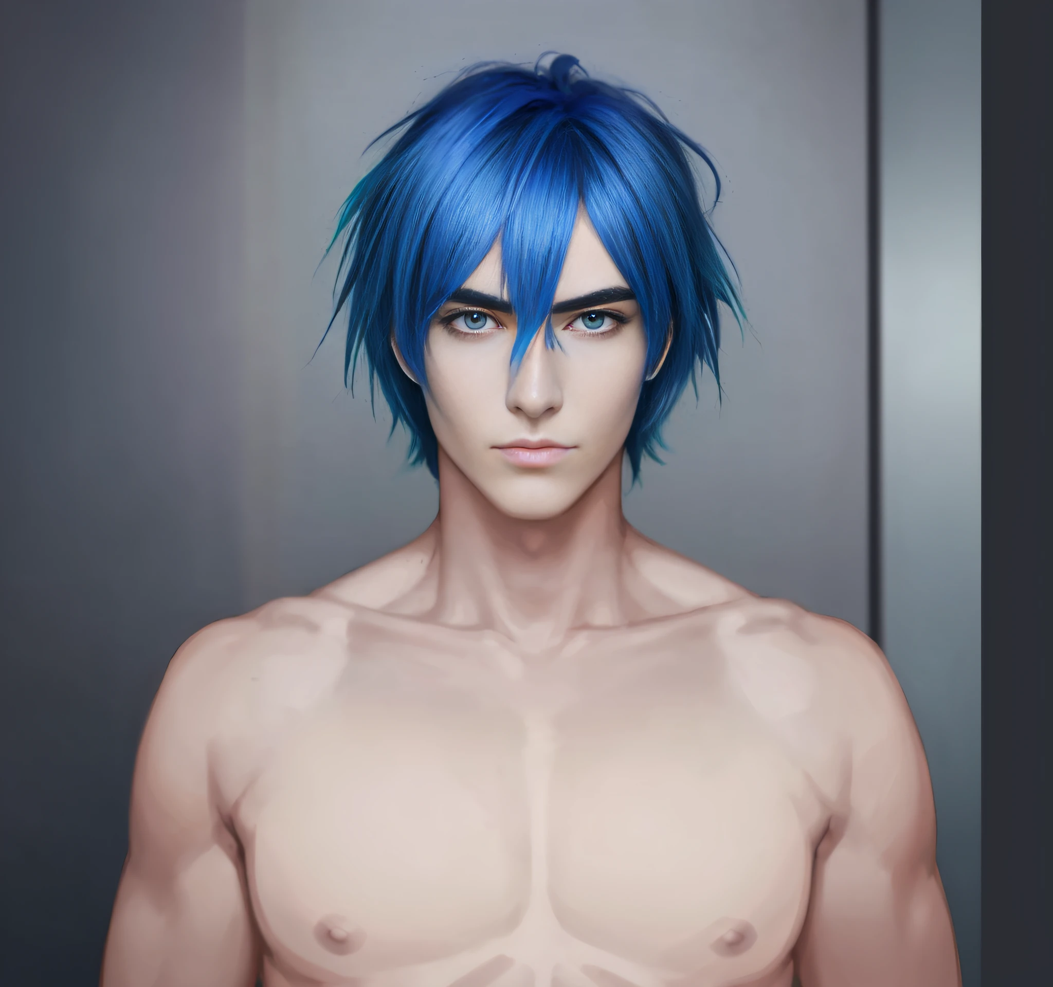 a closeup of a person with blue hair and a blue shirt, 2d anime style, semi-realistic anime, semi-realistic anime, male anime character, stunning anime face portrait, male anime style, anime realism style, hyper realistic anime, tall anime face with blue eyes, 2 d anime, realistic anime face, realistic anime art style, highly detailed face anime. thinner eyebrow.