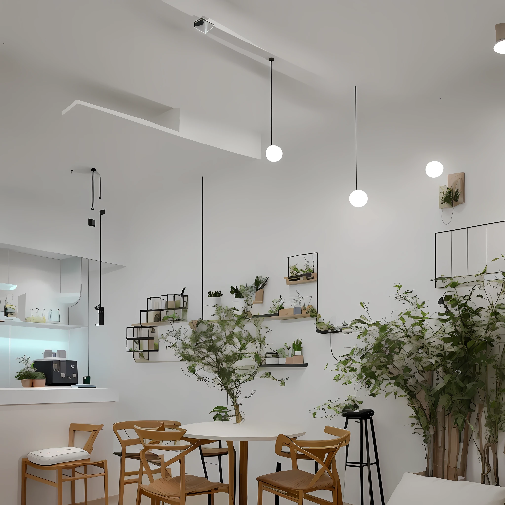 Korean minimalist coffee shop, where simplicity and elegance combine perfectly. Walls painted in soft pastel colors create a serene atmosphere. Light wood furniture and plush pillows provide comfort. Soft lighting enhances the minimalist details, while small plants add a touch of freshness. Skilled baristas prepare drinks in delicate cups, while minimalist artwork decorates the walls