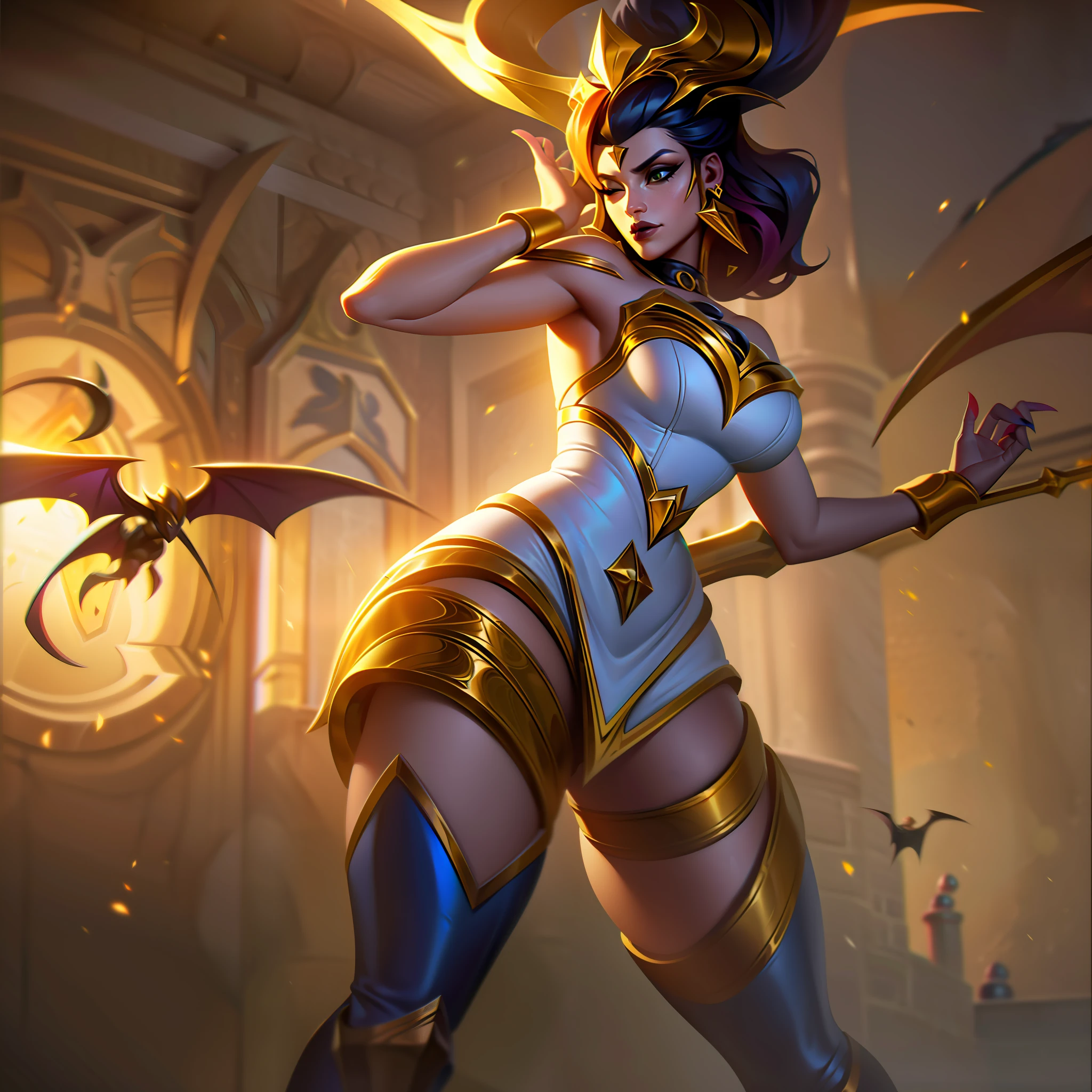 mulher + gold + curvy + bats + queen + majestic splashart, splashart, splashart de League of Legends, arte, pincelada, obra-prima, 8k, ultra detalhado, HD