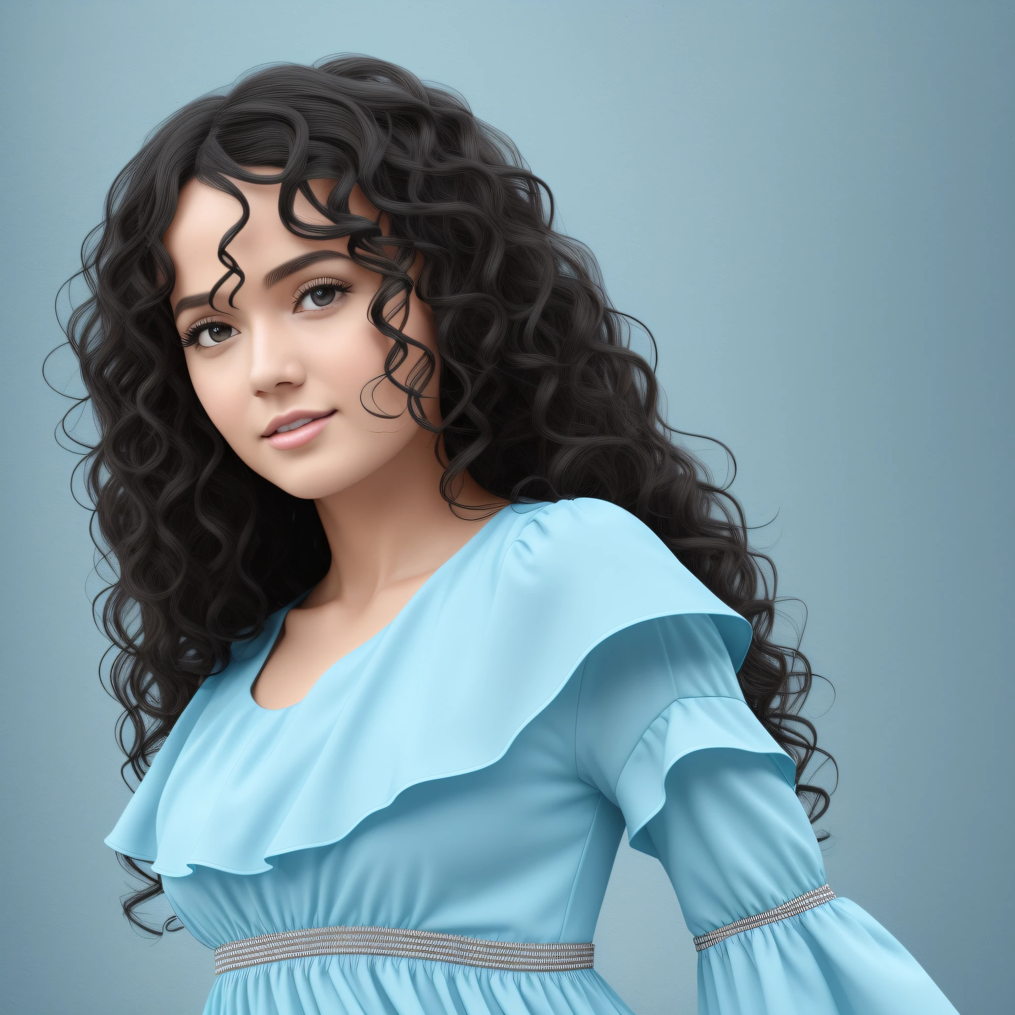create an image of a woman, with curly black hair, with fair skin, wearing a long sleeved blue dress, 8k, realistic, datalist
