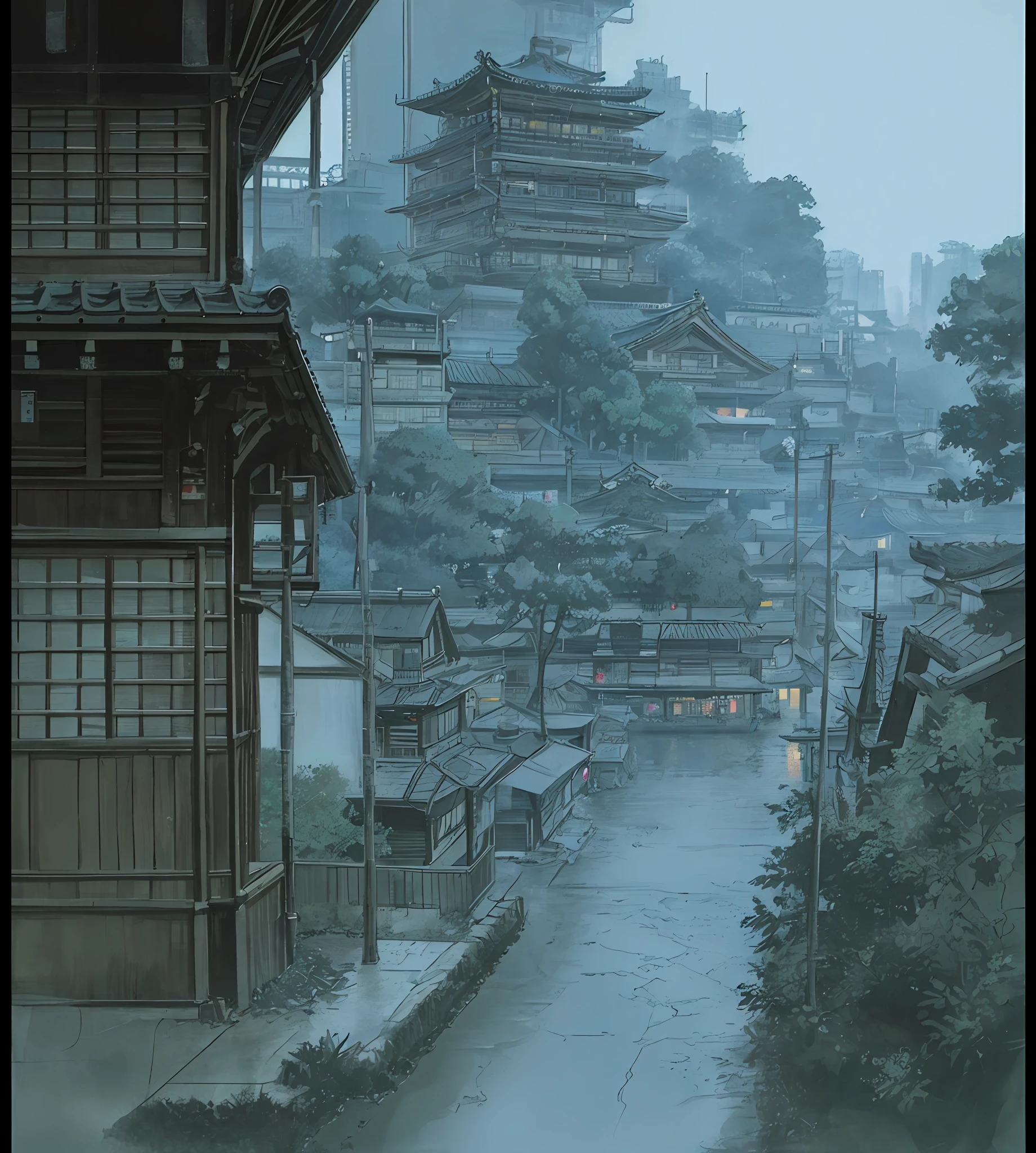 Outdoor in the roof top, tokyo cyberpunk view city
Background Ghibli style
(fujifilm 16k) ,hyperrealistic, intricate detail, autolevel, dark, art nouveau, dramatic, desaturated, (expansive), intricate