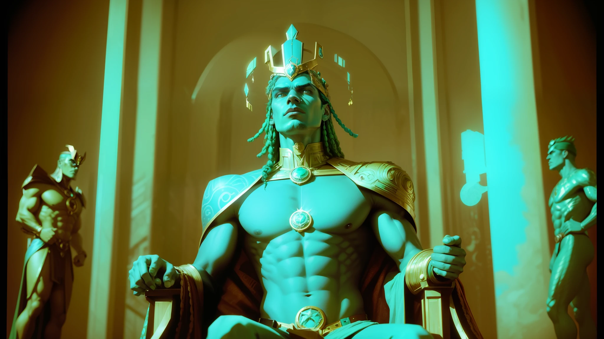 a man sitting in a chair with a crown on his head, still from the movie marvel, steampunk golden turquoise, inspired by Benjamin Marra, in the art style of quetzecoatl, graduated teal, avatar ( 2 0 0 9 ), friend george, tall and muscular, green lantern, inspired by Rockwell Kent, still from the movie avengers endgame --auto --s2
