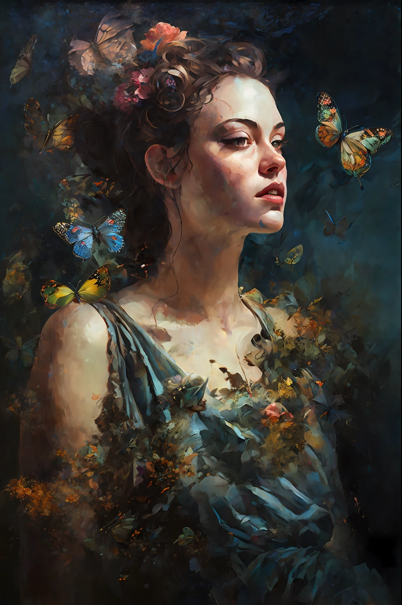 painting of a woman with butterflies in her hair and a blue dress, beautiful digital artwork, by Galen Dara, by Anton Fadeev, ryan hewett, fantasy portrait art, beautiful art uhd 4 k, wadim kashin. ultra realistic, by Nikita Veprikov, artgerm julie bell beeple, beautiful character painting, by Shen Zhou