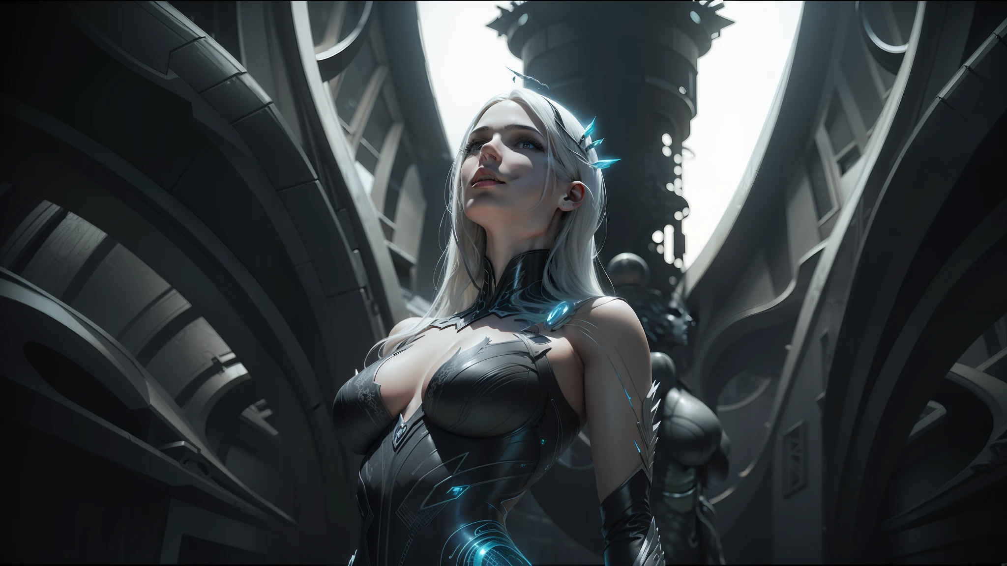 C01 Arafada woman in a black jumpsuit standing on a building, static frame of prometheus, intricate costume dress, Emma Frost, Pierre Pellegrini and Ash Thorp, alex grey style, porcelain cyborg, rendering with physical base --air 16:9 --auto --s2