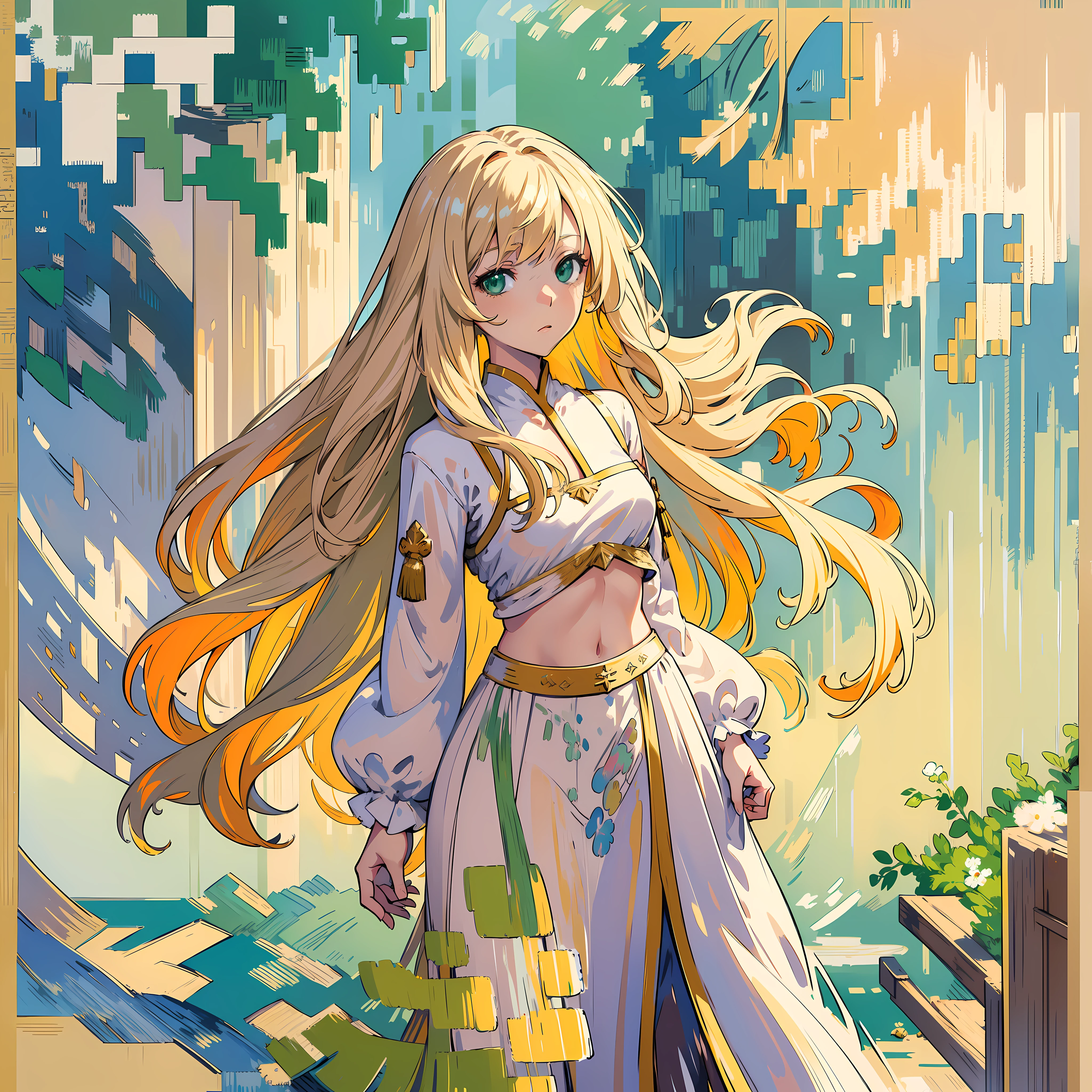 (masterpiece, sharp focus, illustration), 1girl, solo, small breasts, standing, crop top, very very long blonde hair, wavy hair, messy hair, beige hair, green eyes, (impressionism:1.4), white dress, greek clothes, highres, ultra detailed, abstract background, multicolored background, splash art, official art, beautiful, perfect anatomy