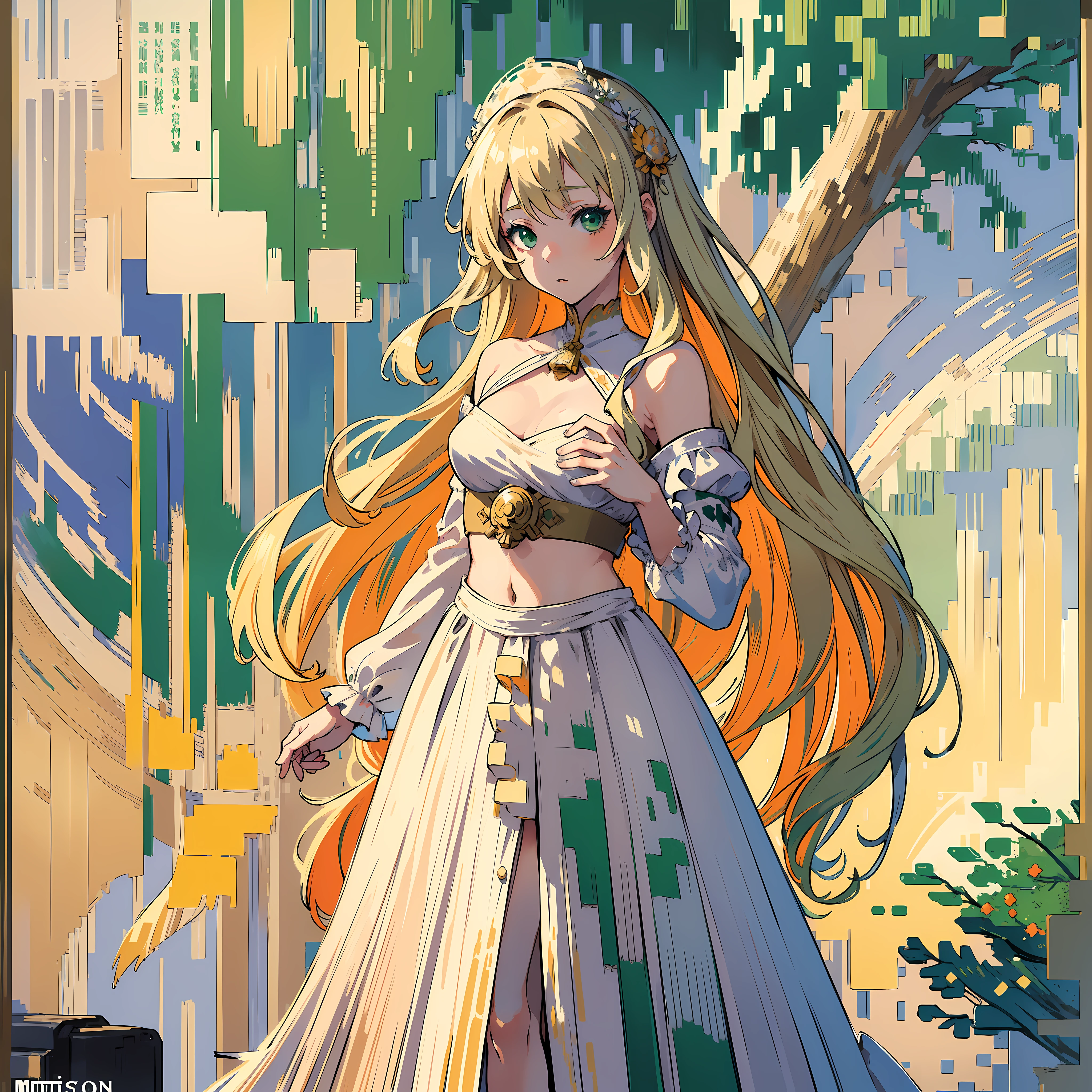 (masterpiece, sharp focus, illustration), 1girl, solo, small breasts, standing, crop top, very very long blonde hair, wavy hair, messy hair, beige hair, green eyes, (impressionism:1.4), white dress, greek clothes, highres, ultra detailed, abstract background, multicolored background, splash art, official art, beautiful, perfect anatomy