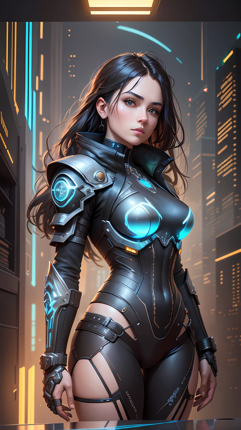 A stunning photorealistic photograph of a beautiful cyberpunk girl, full body,  intricate combat armor, black leather jacket, hyperdetailed painting, luminism, Bar lighting, complex, 4k resolution concept art portrait by Greg Rutkowski, Artgerm, WLOP, Alphonse Mucha, little fusion, realistic fantasy, fractal isometrics details bioluminescence, beautiful awesome, 3d render, octane render, intricately detailed, cinematic, trending on artstation | Isometric | Centered hypereallistic cover photo awesome full color, hand drawn, dark, gritty, realistic mucha, klimt, 12