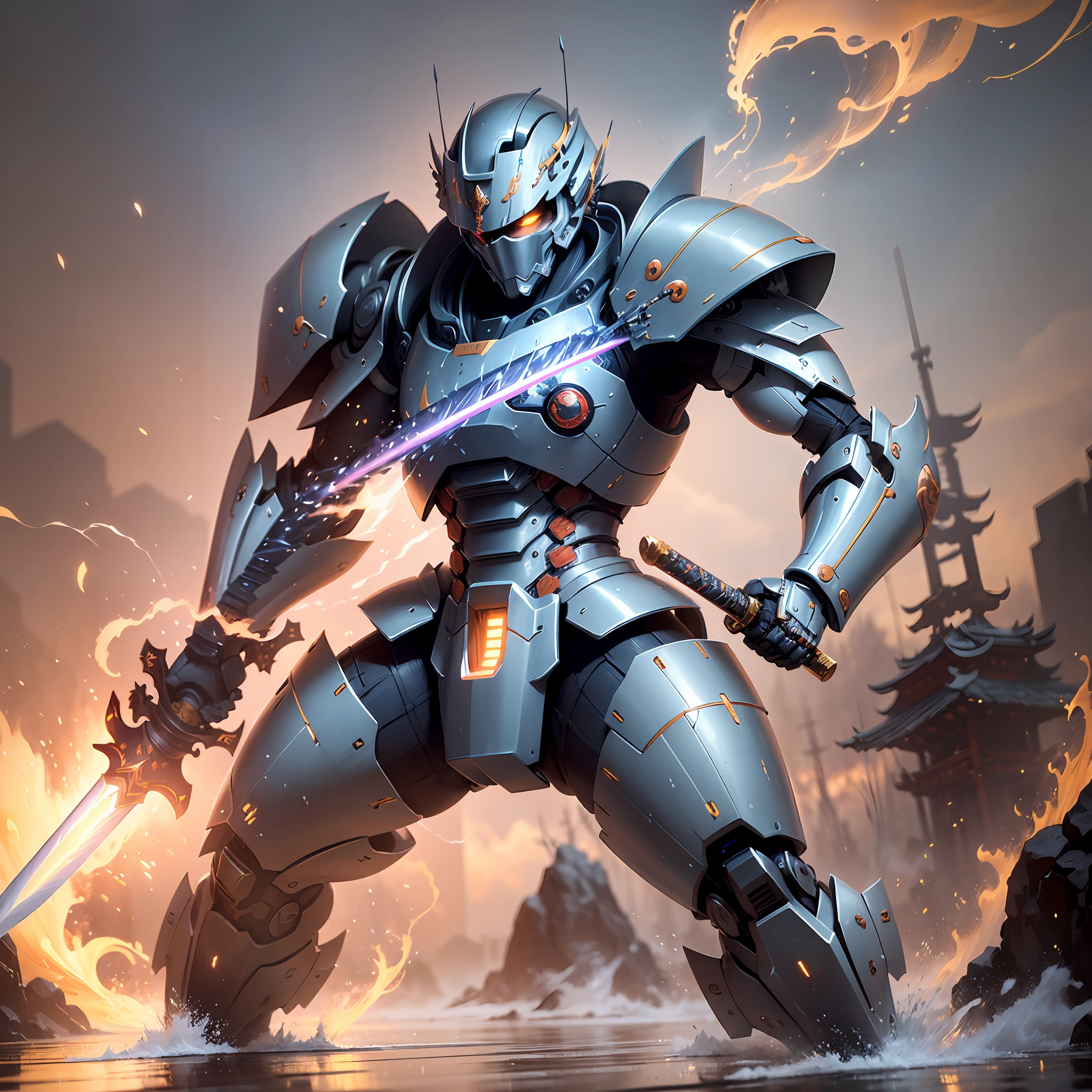 (extremely detailed CG unity 8k wallpaper,masterpiece, best quality, ultra-detailed),(best illumination,best shadow,an extremely delicate and beautiful),floating, outdoor, (mecha samurai with weapon charged:1.3+ slash with sword:1.2), dramatic pose, white fluid splashing background, smoke and sparks, depth of field. --auto --s2