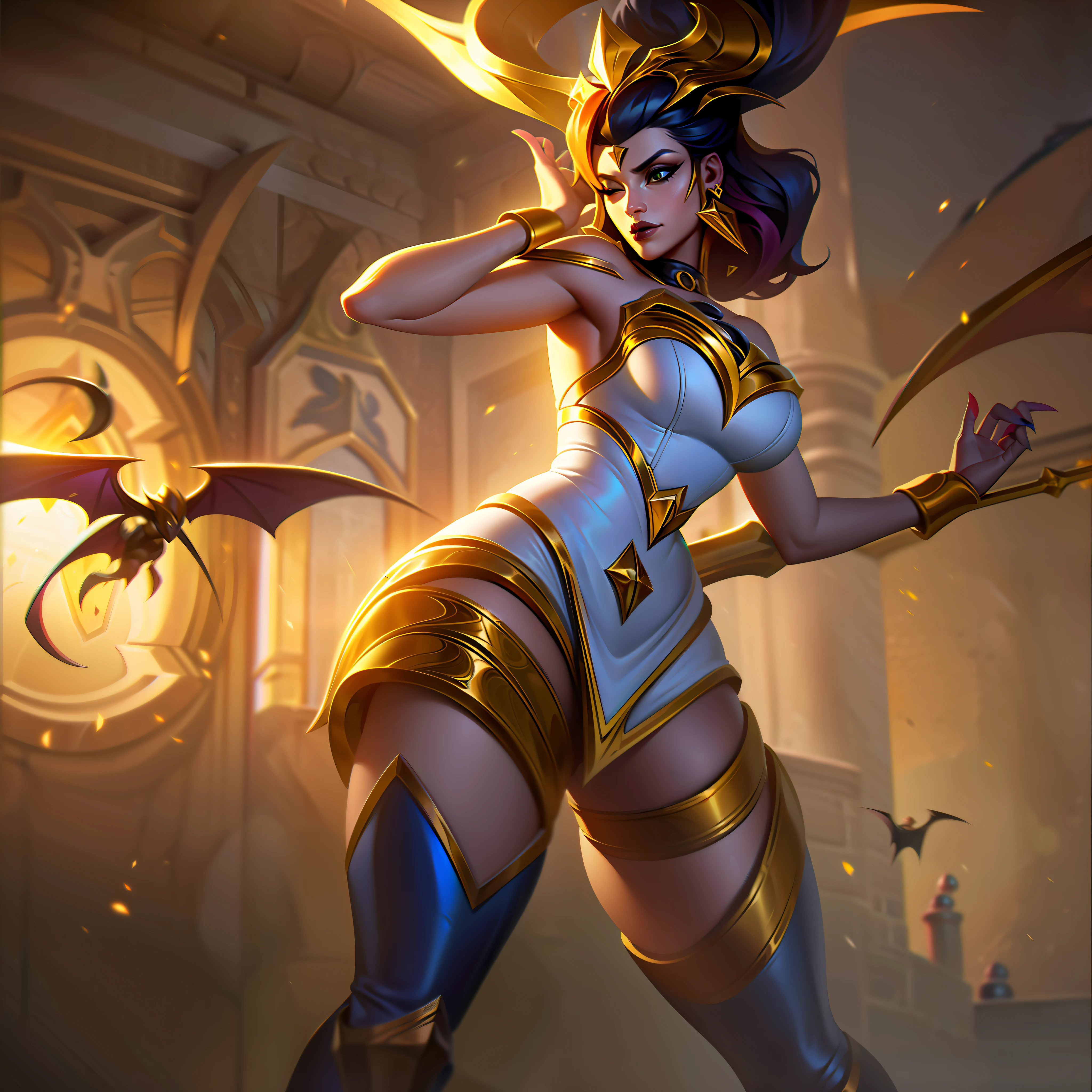 mulher + gold + curvy + bats + queen + majestic splashart, splashart, splashart de League of Legends, arte, pincelada, obra-prima, 8k, ultra detalhado, HD