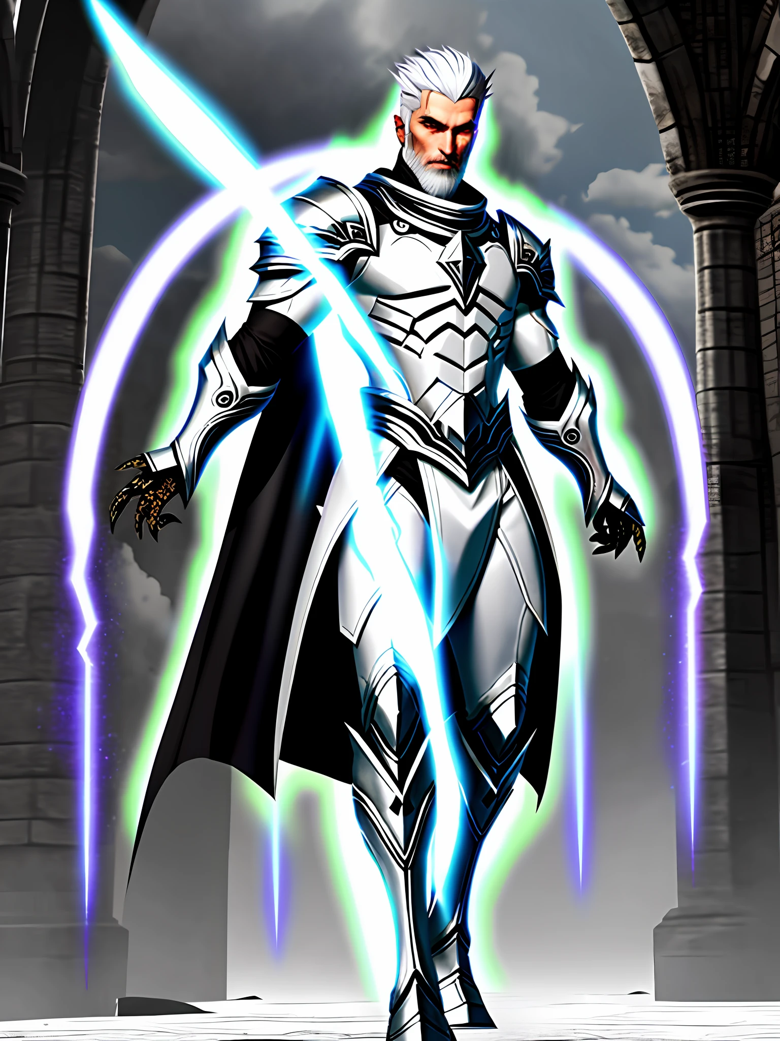 Full body photo, white haired man, BRM defined, no beard, wearing black armor, white beastly eyes, silver aura, not too moscule, generating magic, black fire, war, flying blood