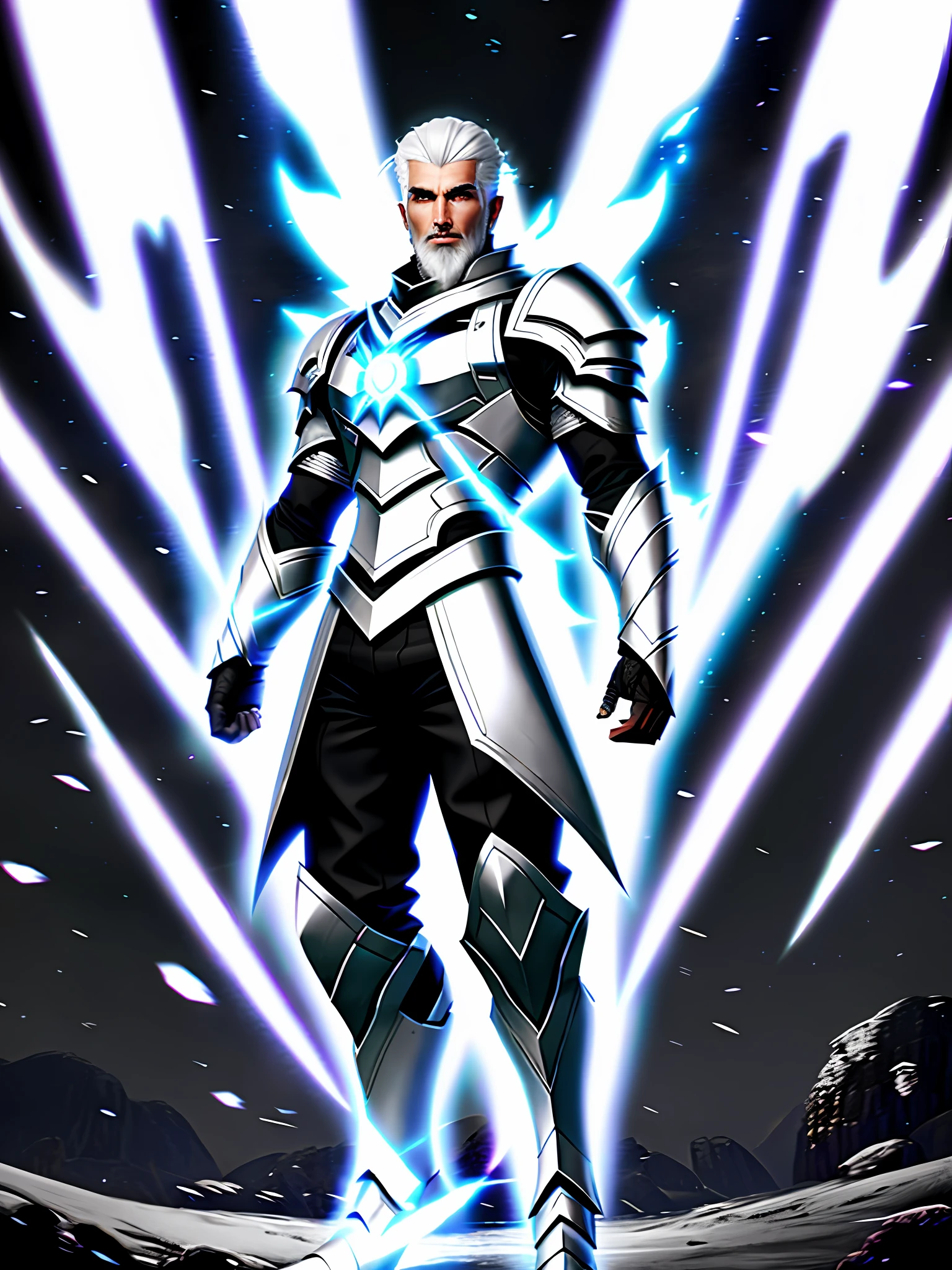 Full body photo, white haired man, BRM defined, no beard, wearing black armor, white beastly eyes, silver aura, not too moscule, generating magic, black fire, war, flying blood, realism, bloom, speed lines, chromatic aberration abuse