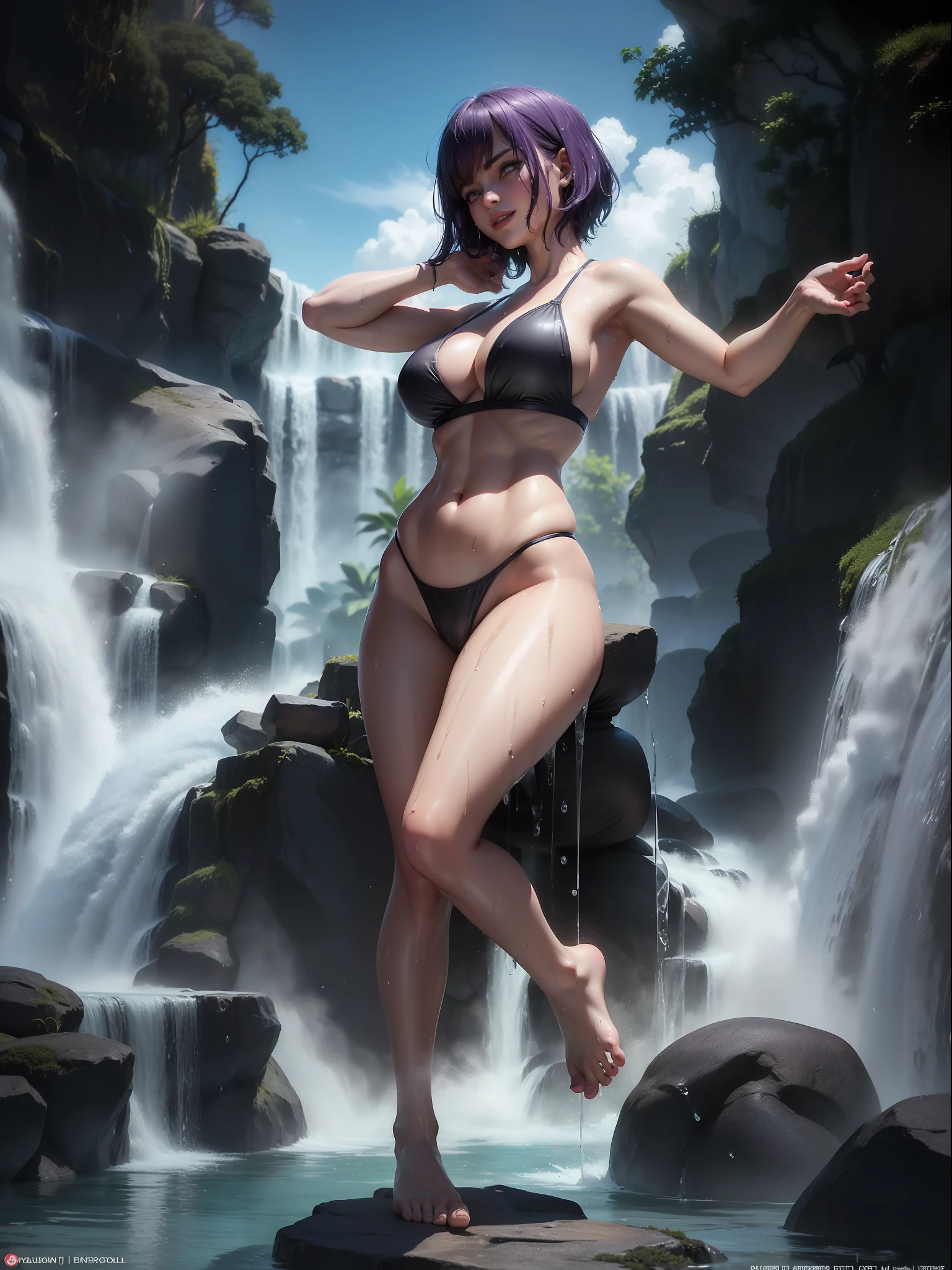 ((Full body photo, feet on the ground, front view)). Samantha/woman, she has very large breasts, is wearing black/ninja style bathing suits, extremely exhibitionist, extremely tight on the body. ((She is near a temple inside a clear water waterfall)). ((She has very short purple hair}, blue eyes, her hair and body are very wet)). She is staring at the viewer, smiling, holding ninja weapons, clenched fists, fighting position, flushed face, anime, mortal kombat, 16k, high quality, high details, award winning, highres, textured skin, anatomically correct, masterpiece, ccurate, UHD