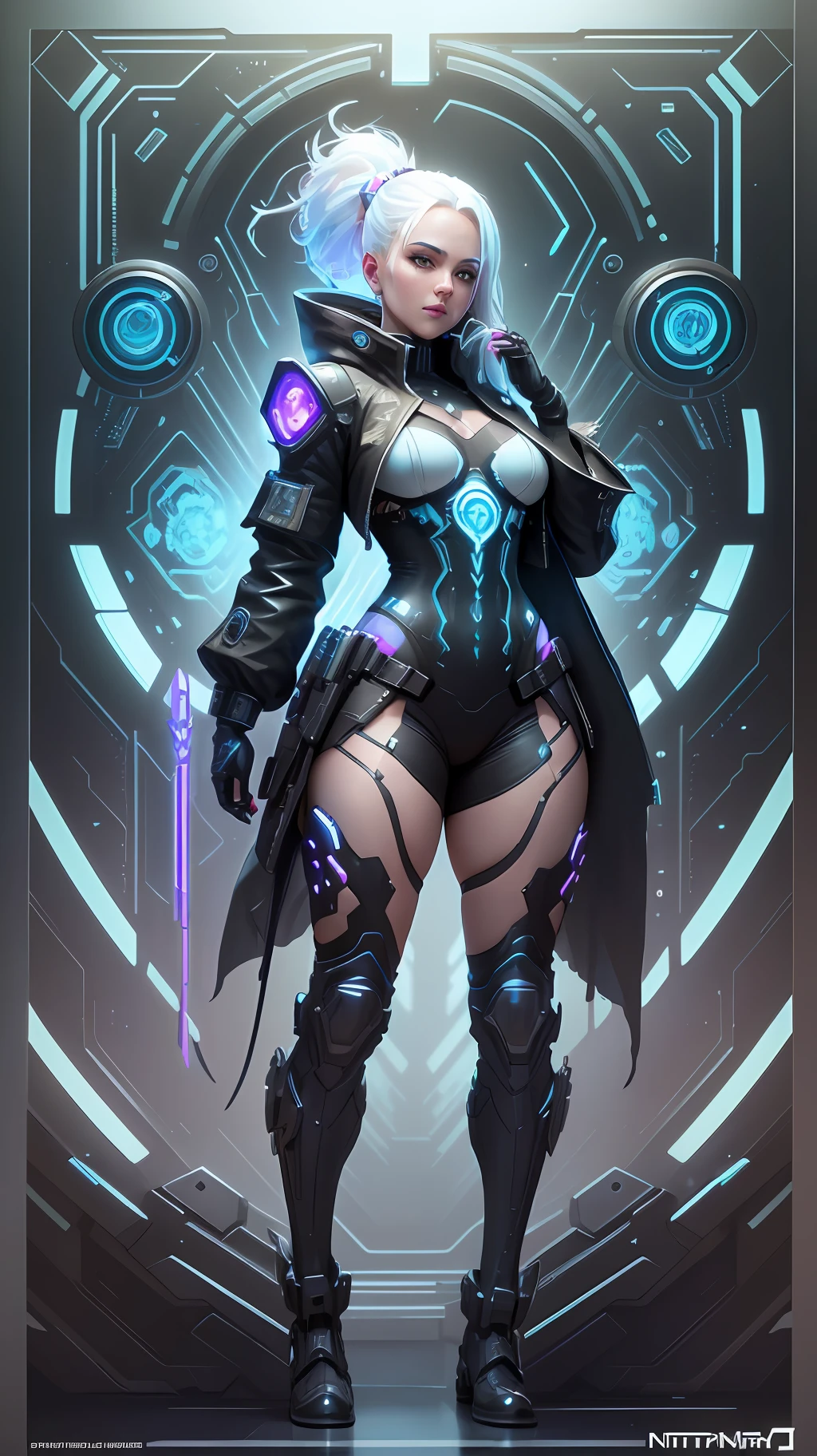 A stunning photorealistic close up full body photograph of a beautiful cyberpunk girl, albino, white shapeless cyberpunk hair, white eyebrows, , intricate cyberpunk armor, black leather jacket, hyperdetailed painting, luminism, Bar lighting, complex, 4k resolution concept art portrait by Greg Rutkowski, Artgerm, WLOP, Alphonse Mucha, little fusion, realistic fantasy, fractal isometrics details bioluminescence, beautiful awesome, 3d render, octane render, intricately detailed, cinematic, trending on artstation | Isometric | Centered hypereallistic cover photo awesome full color, hand drawn, dark, gritty, realistic mucha, klimt, 12k