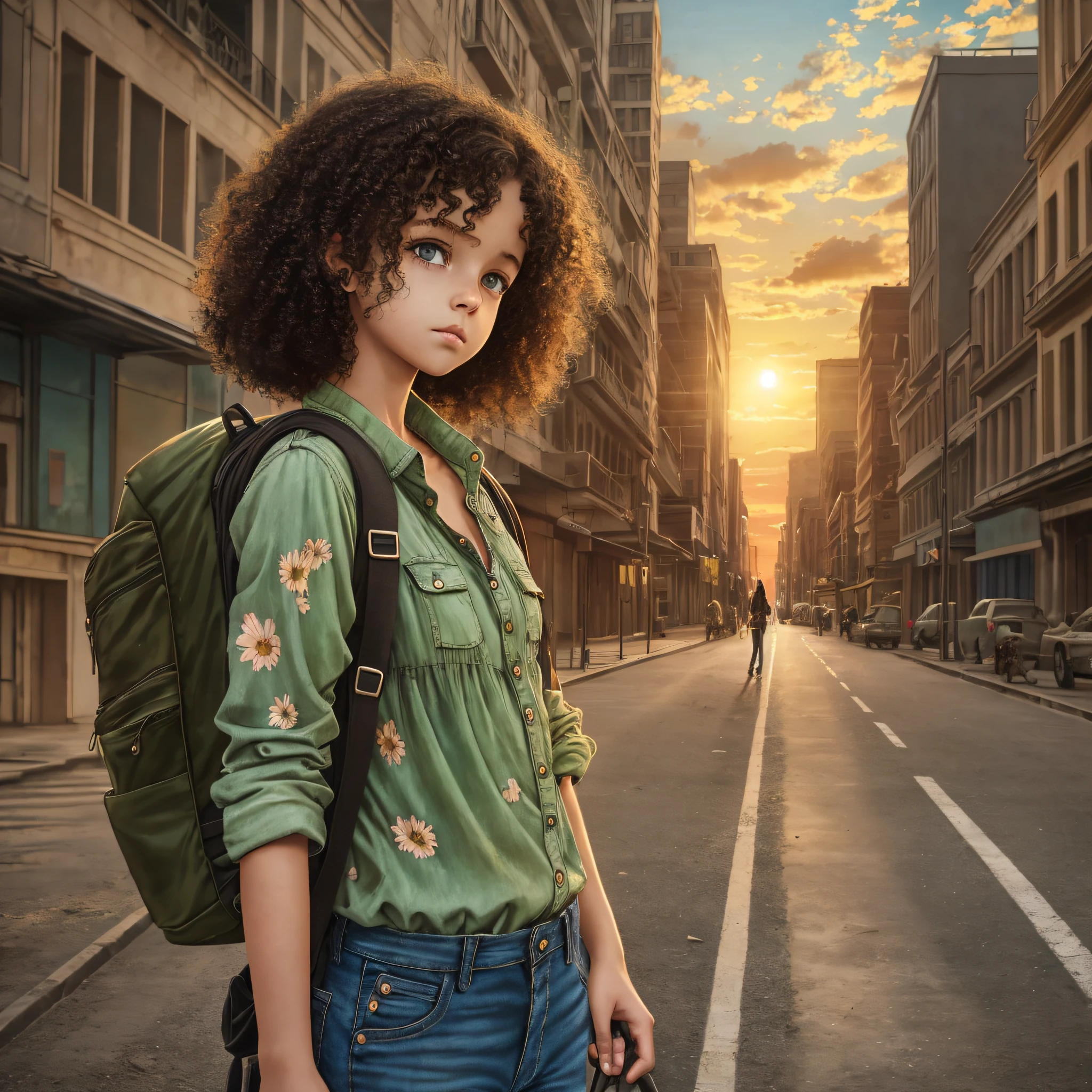 realistic art, , girl, thin, apocalyptic scenery, abandoned city, brunette skin, flowery green blouse, jeans, backpack on the back, dusty clothing, black curly hair, dark brown eyes, soft expression, sunset, high saturation, suspense style --auto --s2