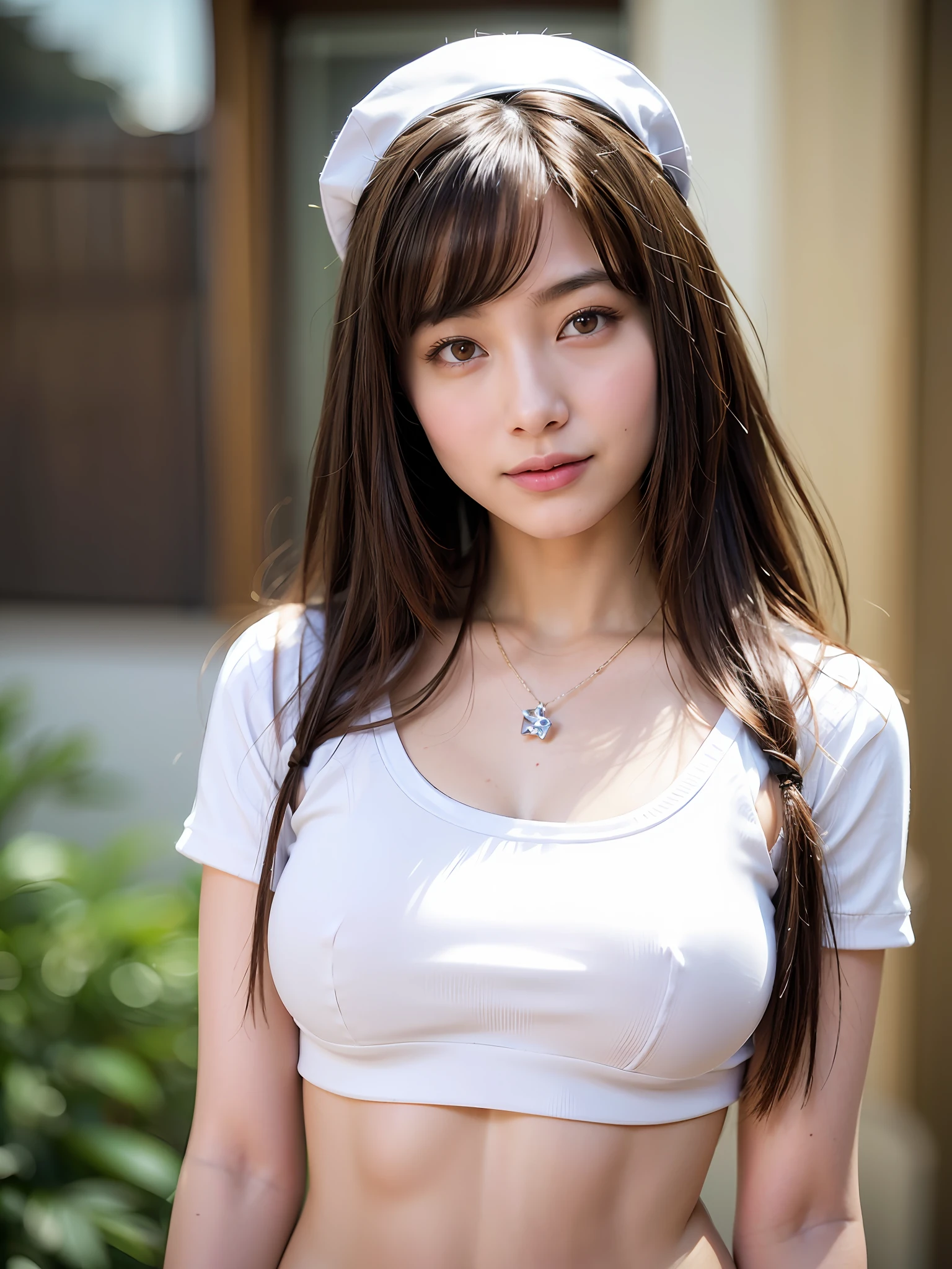 Perfect face and big breasts, thin face, thin eyebrows, right hand and hair, brown hair, middle hair curled hair, ((22-year-old girl with a slim and slender physique)), slender physique, skin has detailed and very detailed eyes (1.1 emphasis), very detailed skin texture (1.1 emphasis), necklace, model photo style, photorealistic, skin texture is the texture of real human skin, Detailed skin pores, intricate details, eyes very detailed, nurse cosplay, nurse, nurse!!!、! dream nurse, highly detailed nurse, full body, attractive sexy little bit, smile, strong smile, cute pose, standing --s2