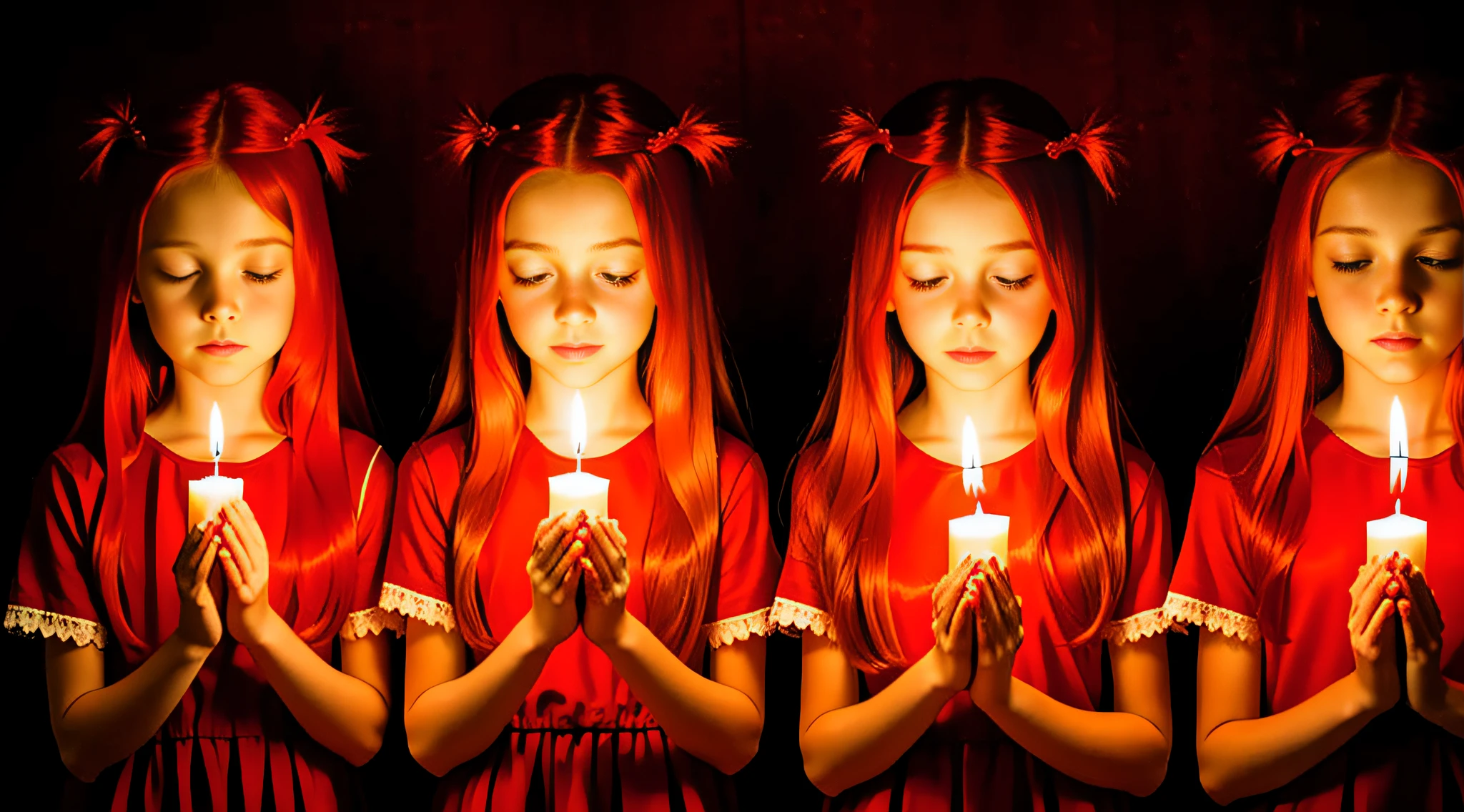 girl children REDHEADS WITH STRAIGHT HAIR ON HEAD TIES RED COLOR, PRAYING, RED BACKGROUND, CANDLES WITH FIRE.