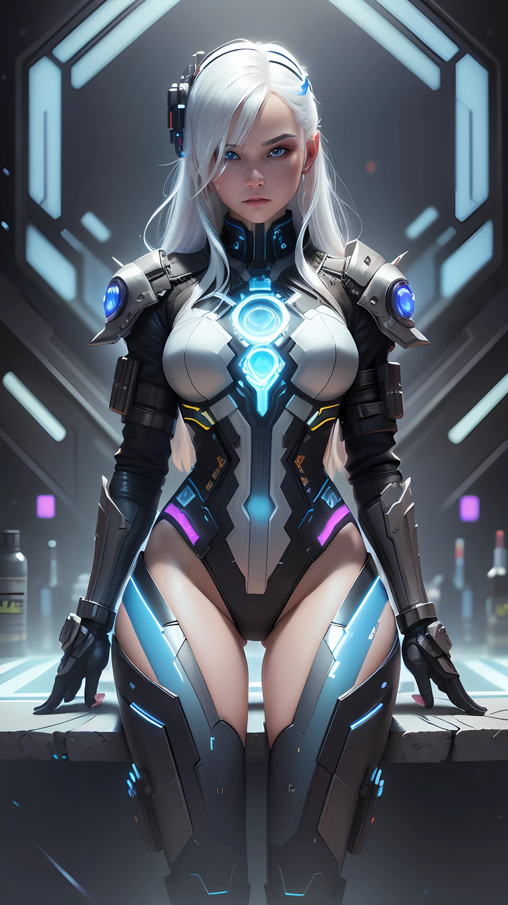 A stunning photorealistic photograph of a beautiful cyberpunk girl, albino, white shapeless cyberpunk hair, white eyebrows, full body, intricate cyberpunk armor, black leather jacket, hyperdetailed painting, luminism, Bar lighting, complex, 4k resolution concept art portrait by Greg Rutkowski, Artgerm, WLOP, Alphonse Mucha, little fusion, realistic fantasy, fractal isometrics details bioluminescence, beautiful awesome, 3d render, octane render, intricately detailed, cinematic, trending on artstation | Isometric | Centered hypereallistic cover photo awesome full color, hand drawn, dark, gritty, realistic mucha, klimt, 12k
