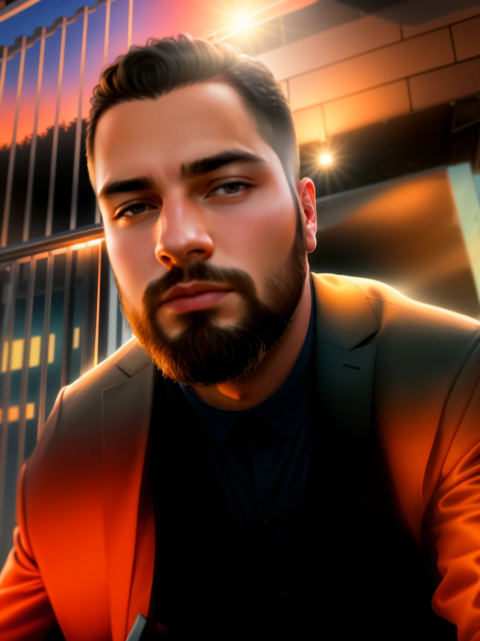 A HANDSOME YOUNG MAN, 33 YEARS OLD, wearing suit, confidence man looking front, sunset coming from behind.