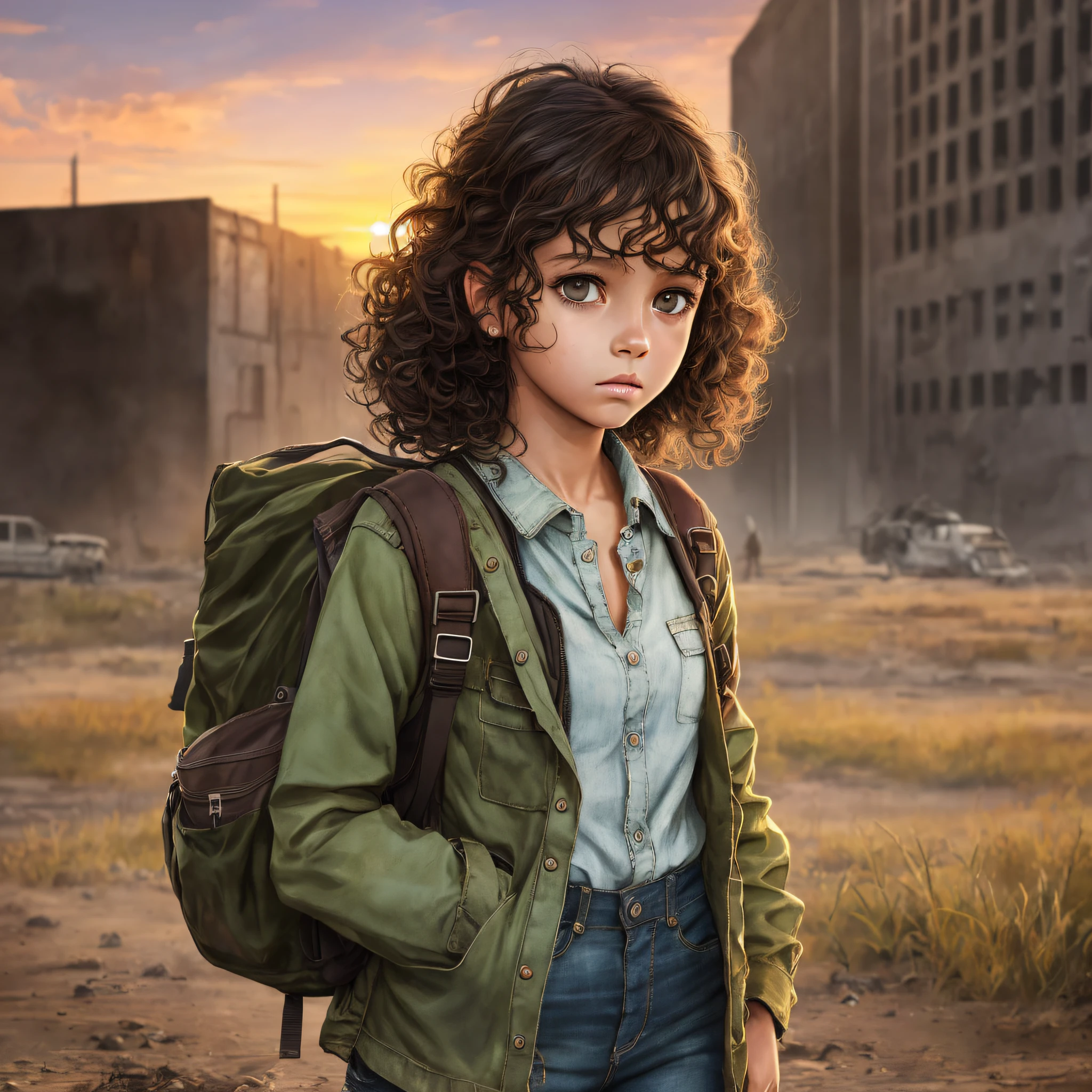 (realistic art, best quality, ,(1girl), thin, dark/ocuro focus, apocalyptic setting, desolate environment, brown skin, dark brown eyes, dramatic lighting)