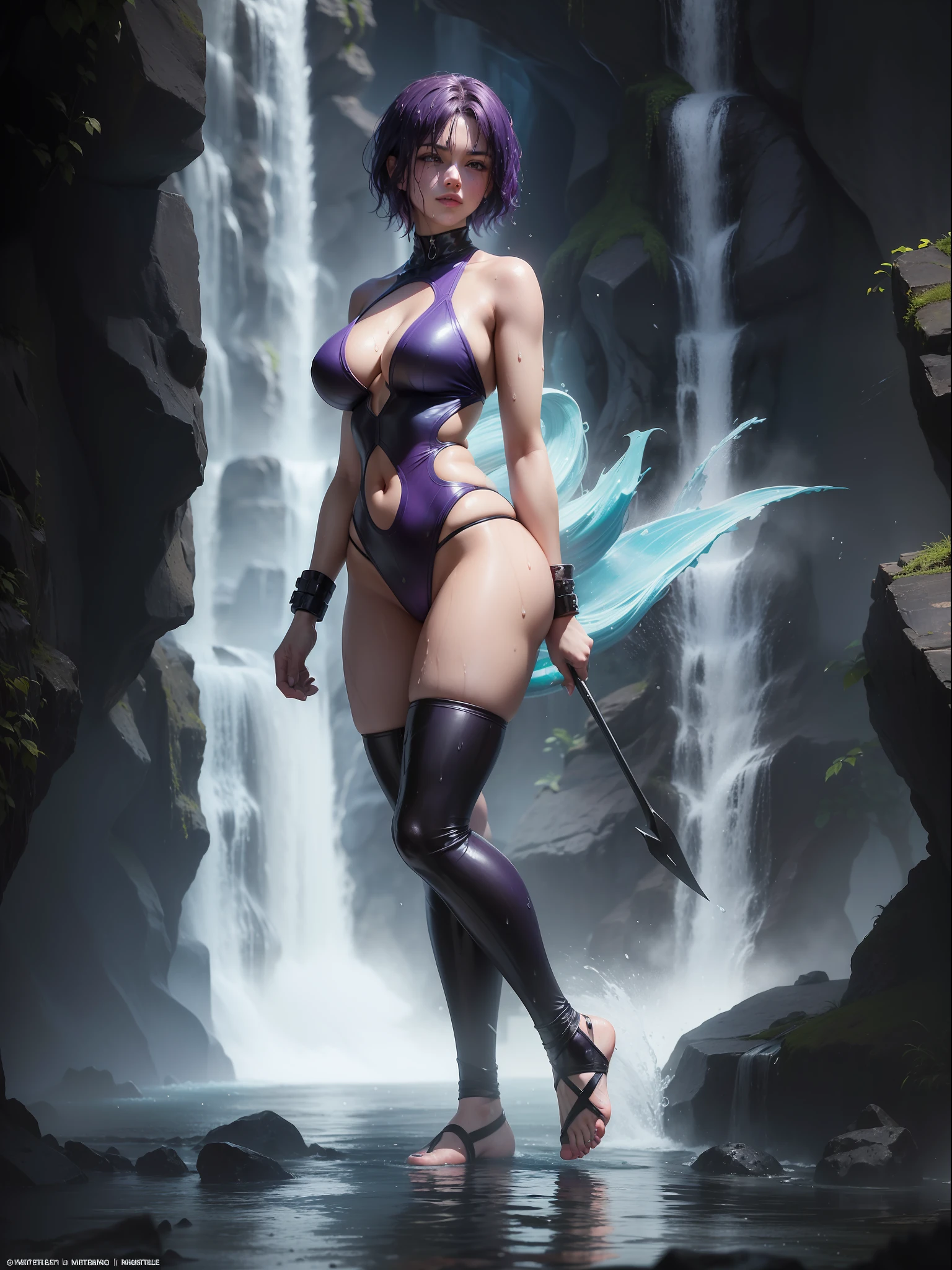 ((Full body photo, feet on the ground, front view)). Samantha/woman, she has very large breasts, is wearing black/ninja style bathing suits, extremely exhibitionist, extremely tight on the body. ((It is inside a water temple of Poseidon, with several waterfalls)). ((She has very short purple hair}, blue eyes, her hair and body are very wet)). She is staring at the viewer, smiling, holding ninja weapons, clenched fists, fighting position, flushed face, anime, mortal kombat, 16k, high quality, high details, award winning, highres, textured skin, anatomically correct, masterpiece, ccurate, UHD